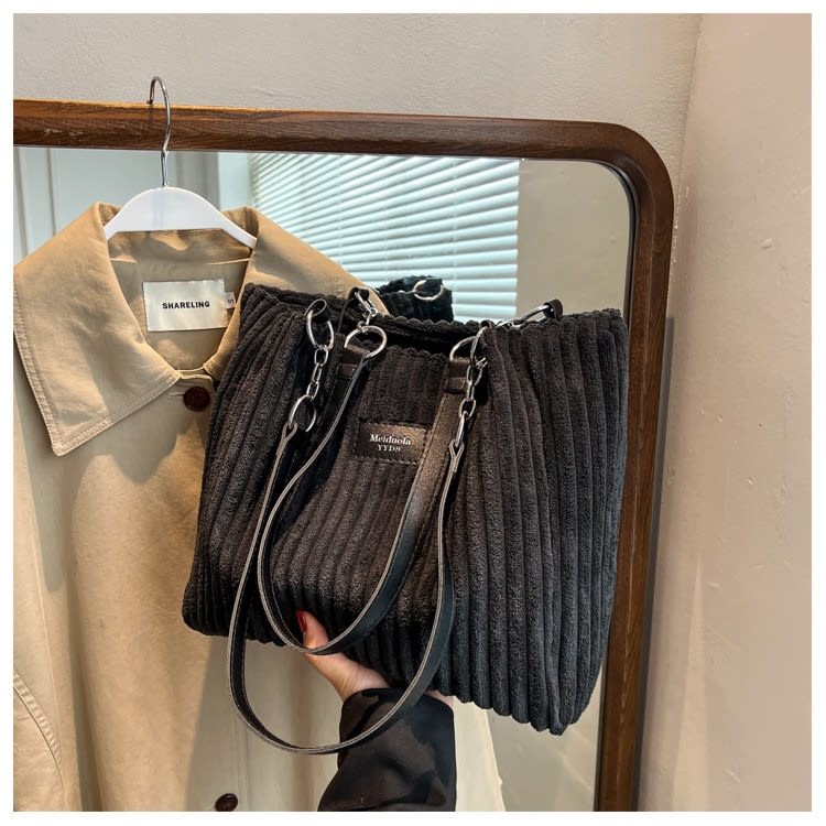 Retro Large Capacity Shoulder Bag Casual Simple Portable Shopper Tote Bag Corduroy Solid Commuter Zipper Women's Handbag view 14