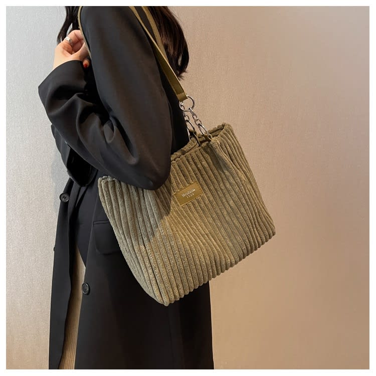 Retro Large Capacity Shoulder Bag Casual Simple Portable Shopper Tote Bag Corduroy Solid Commuter Zipper Women's Handbag view 7