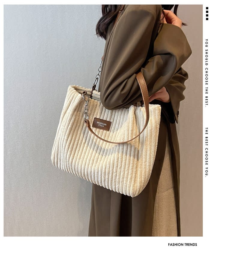 Retro Large Capacity Shoulder Bag Casual Simple Portable Shopper Tote Bag Corduroy Solid Commuter Zipper Women's Handbag view 8
