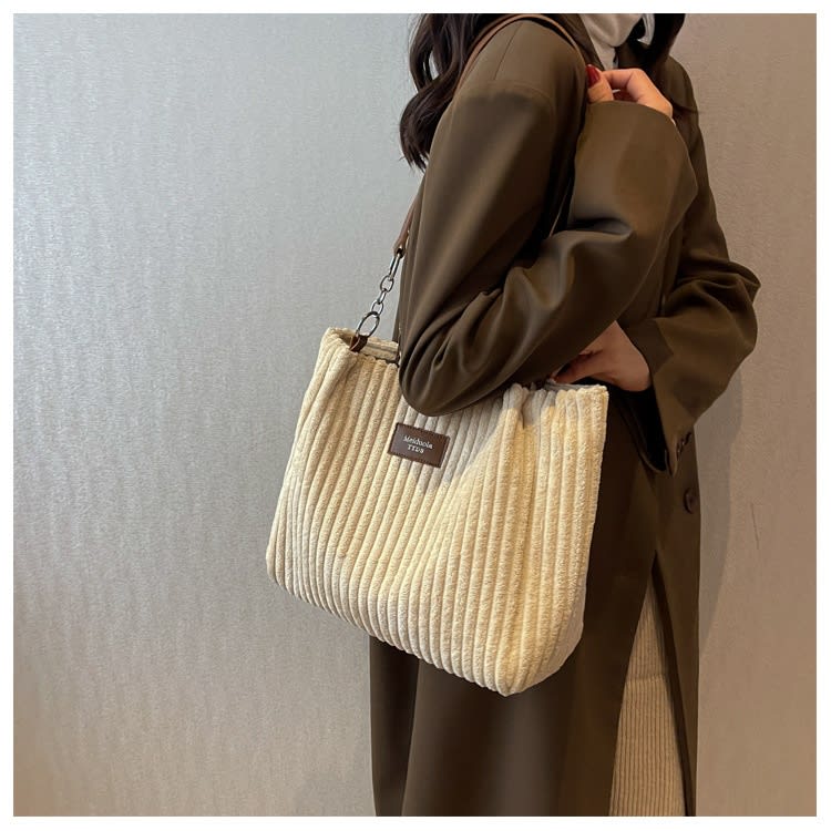 Retro Large Capacity Shoulder Bag Casual Simple Portable Shopper Tote Bag Corduroy Solid Commuter Zipper Women's Handbag view 47