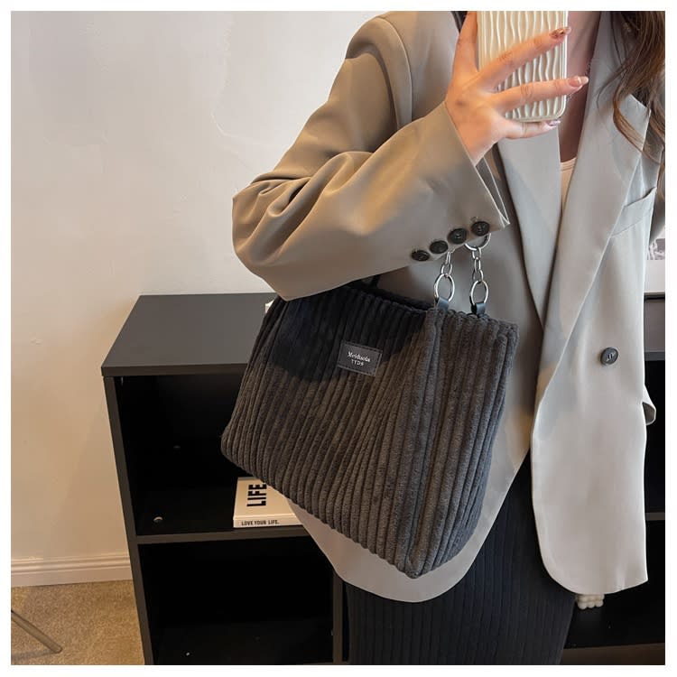 Retro Large Capacity Shoulder Bag Casual Simple Portable Shopper Tote Bag Corduroy Solid Commuter Zipper Women's Handbag view 34