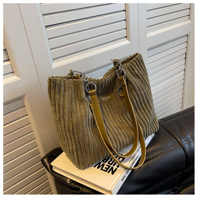 Retro Large Capacity Shoulder Bag Casual Simple Portable Shopper Tote Bag Corduroy Solid Commuter Zipper Women's Handbag view 16