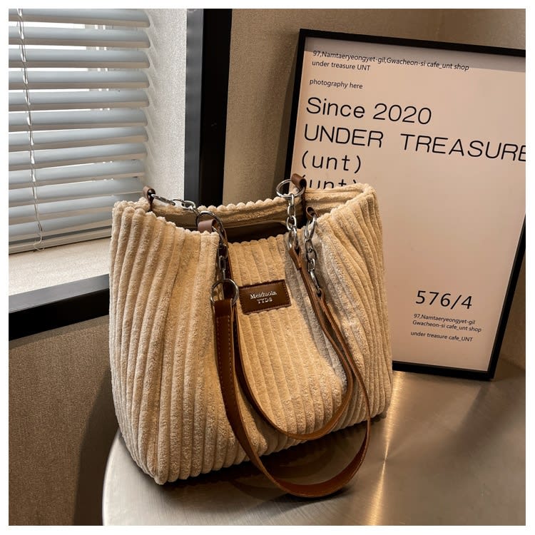 Retro Large Capacity Shoulder Bag Casual Simple Portable Shopper Tote Bag Corduroy Solid Commuter Zipper Women's Handbag view 27