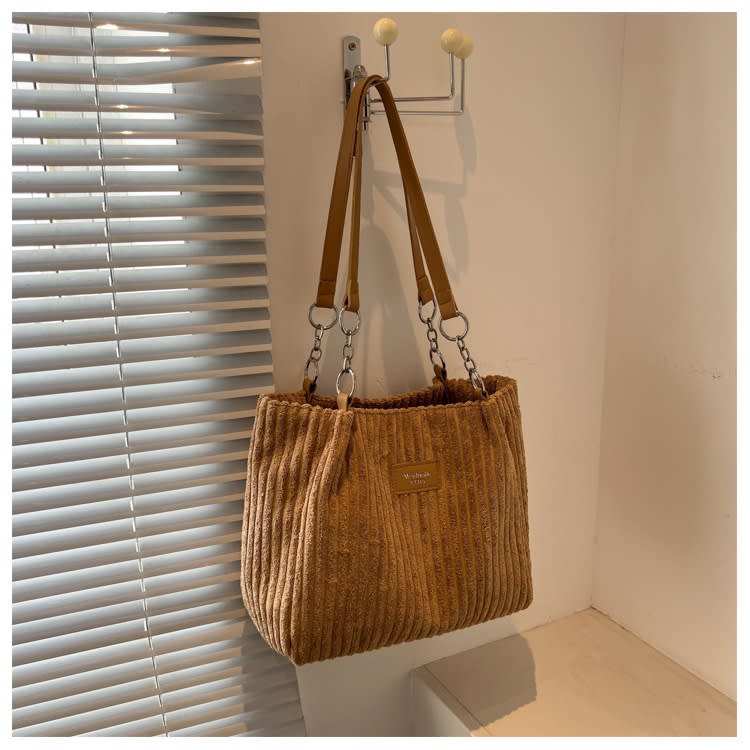 Retro Large Capacity Shoulder Bag Casual Simple Portable Shopper Tote Bag Corduroy Solid Commuter Zipper Women's Handbag view 17