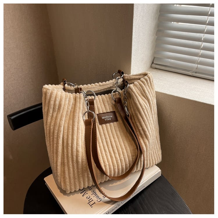 Retro Large Capacity Shoulder Bag Casual Simple Portable Shopper Tote Bag Corduroy Solid Commuter Zipper Women's Handbag view 5