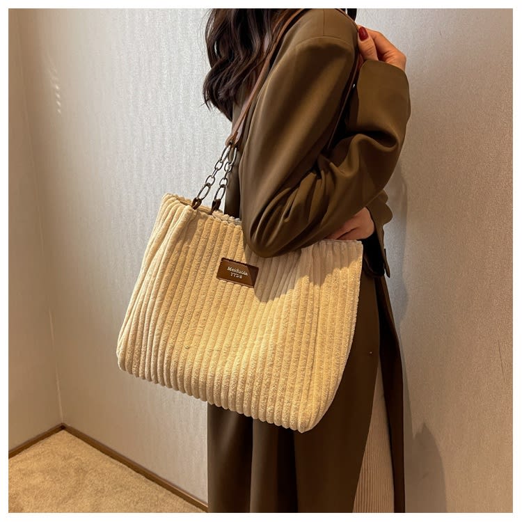 Retro Large Capacity Shoulder Bag Casual Simple Portable Shopper Tote Bag Corduroy Solid Commuter Zipper Women's Handbag view 2