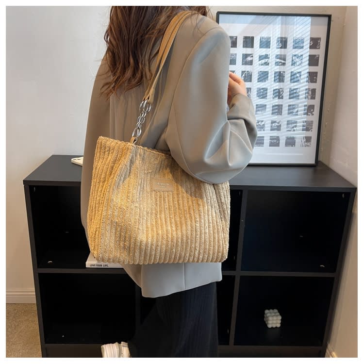 Retro Large Capacity Shoulder Bag Casual Simple Portable Shopper Tote Bag Corduroy Solid Commuter Zipper Women's Handbag view 43