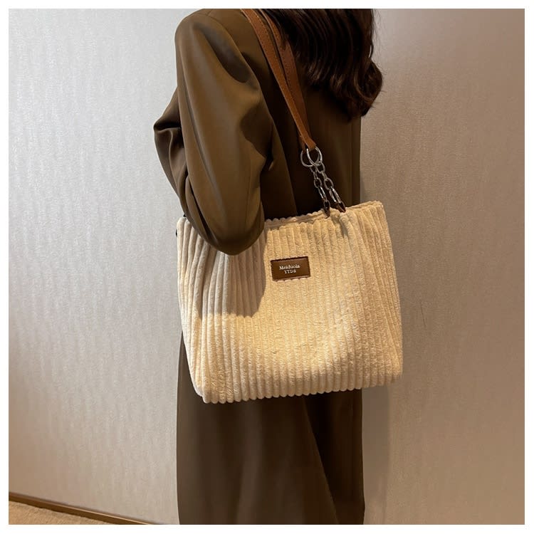 Retro Large Capacity Shoulder Bag Casual Simple Portable Shopper Tote Bag Corduroy Solid Commuter Zipper Women's Handbag view 15