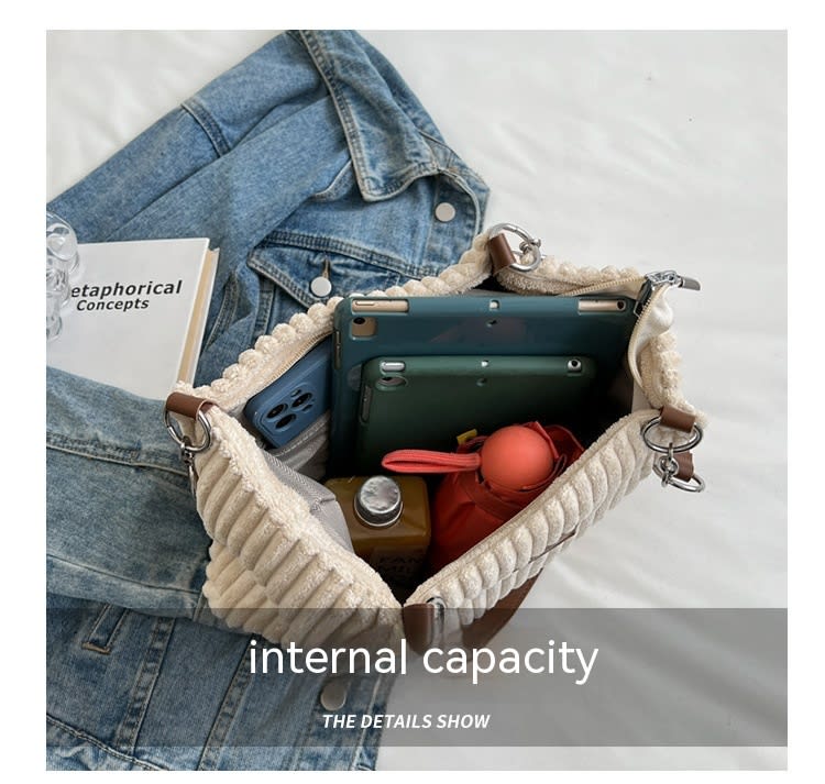 Retro Large Capacity Shoulder Bag Casual Simple Portable Shopper Tote Bag Corduroy Solid Commuter Zipper Women's Handbag view 42