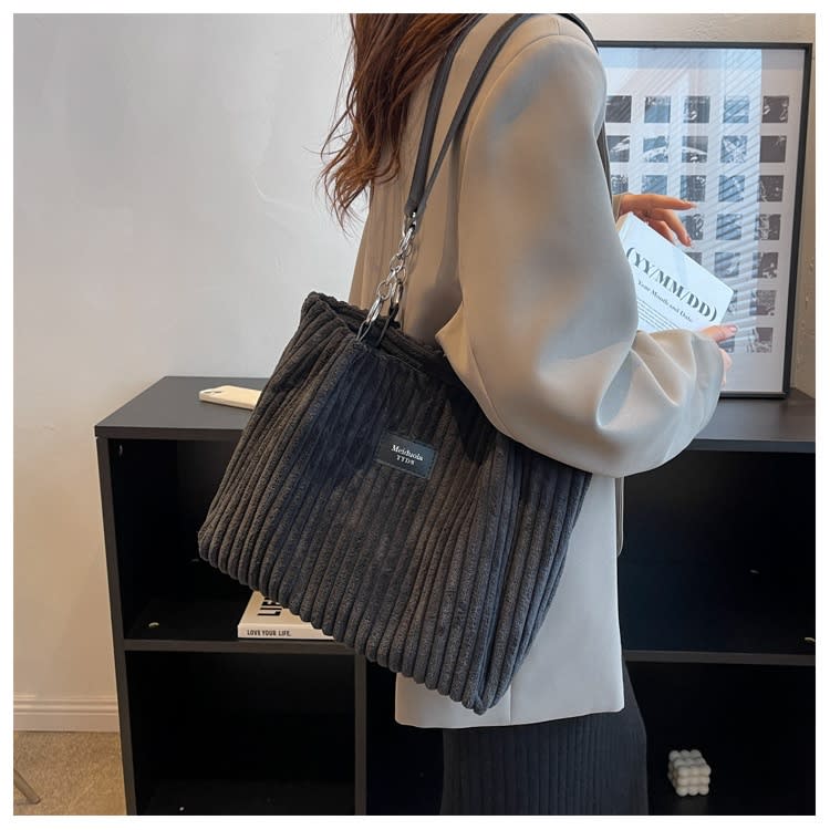 Retro Large Capacity Shoulder Bag Casual Simple Portable Shopper Tote Bag Corduroy Solid Commuter Zipper Women's Handbag view 4