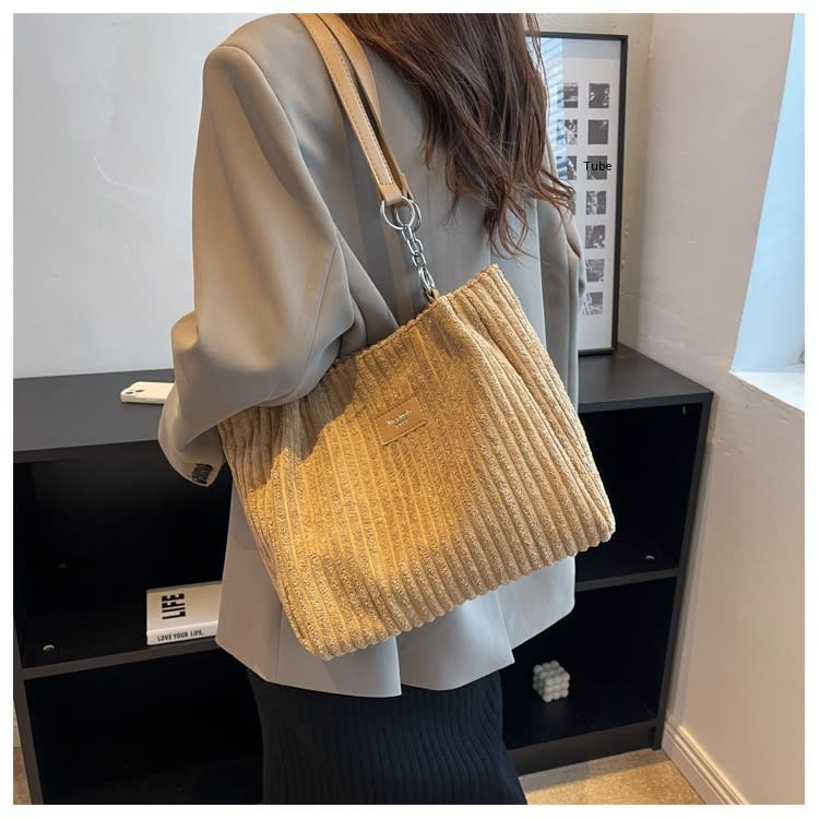 Retro Large Capacity Shoulder Bag Casual Simple Portable Shopper Tote Bag Corduroy Solid Commuter Zipper Women's Handbag view 45