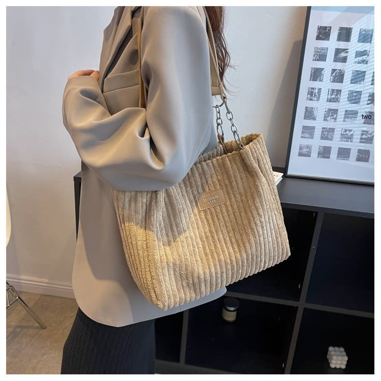 Retro Large Capacity Shoulder Bag Casual Simple Portable Shopper Tote Bag Corduroy Solid Commuter Zipper Women's Handbag view 29