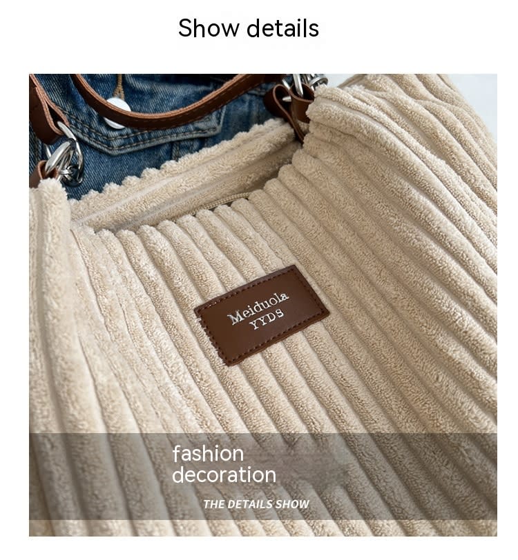 Retro Large Capacity Shoulder Bag Casual Simple Portable Shopper Tote Bag Corduroy Solid Commuter Zipper Women's Handbag view 6
