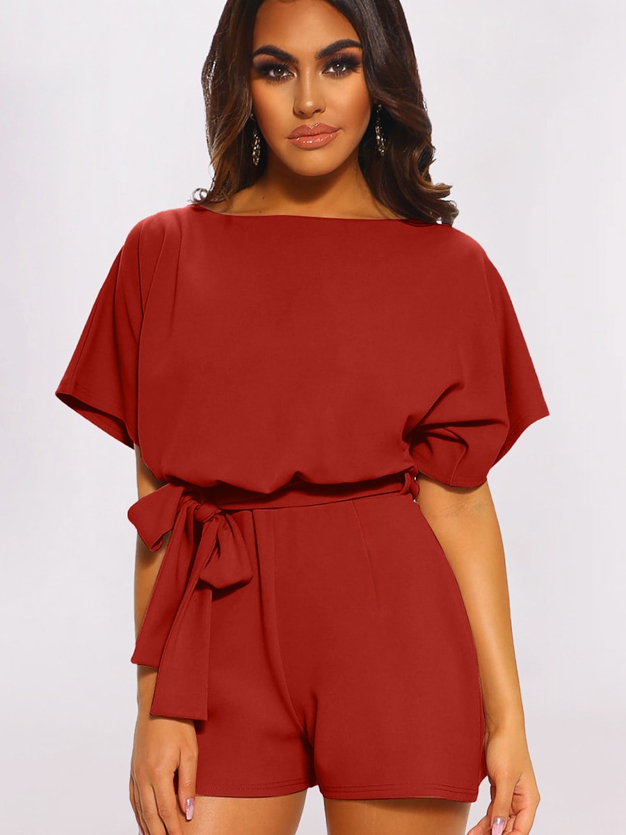 Women's Round Neck Short-sleeved Lace-up Jumpsuit view 3