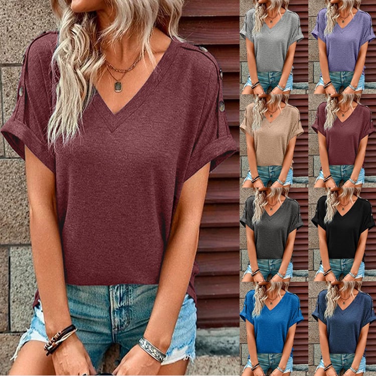 European And American Top Solid Color Button Fashion Short Sleeve T-shirt view 20