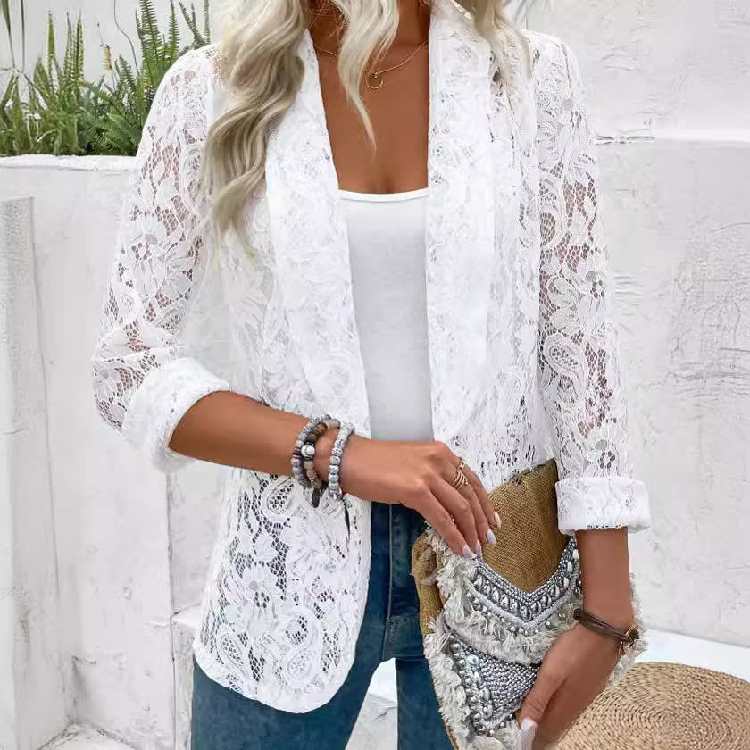 Spring And Summer Small Suit, Fashionable And Versatile Solid Color Lace Shirt Jacket view 1