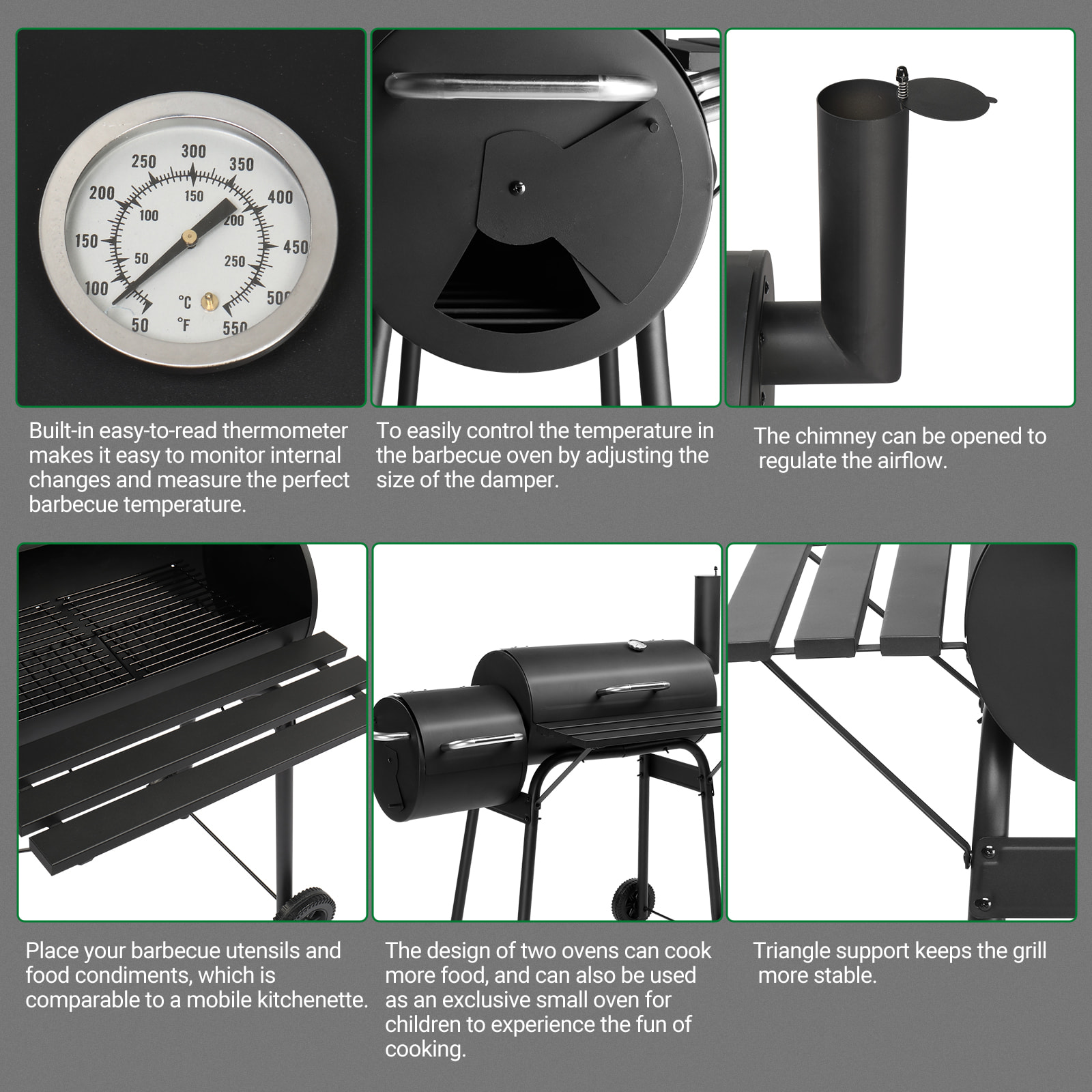 111x54x93cm Black, Double Cylinder, Wheeled, Smoked, Charcoal Grill view 15