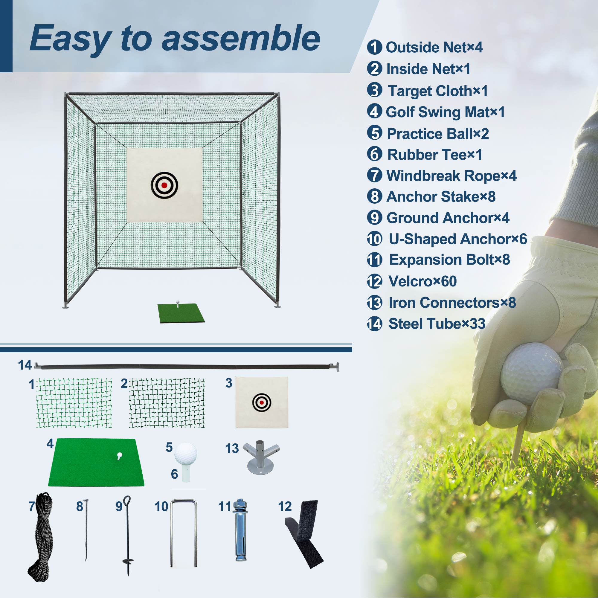 10X10X10FT Golf Practice Net Cage With Metal Frame Hitting Net Kit Indoor Outdoor view 13