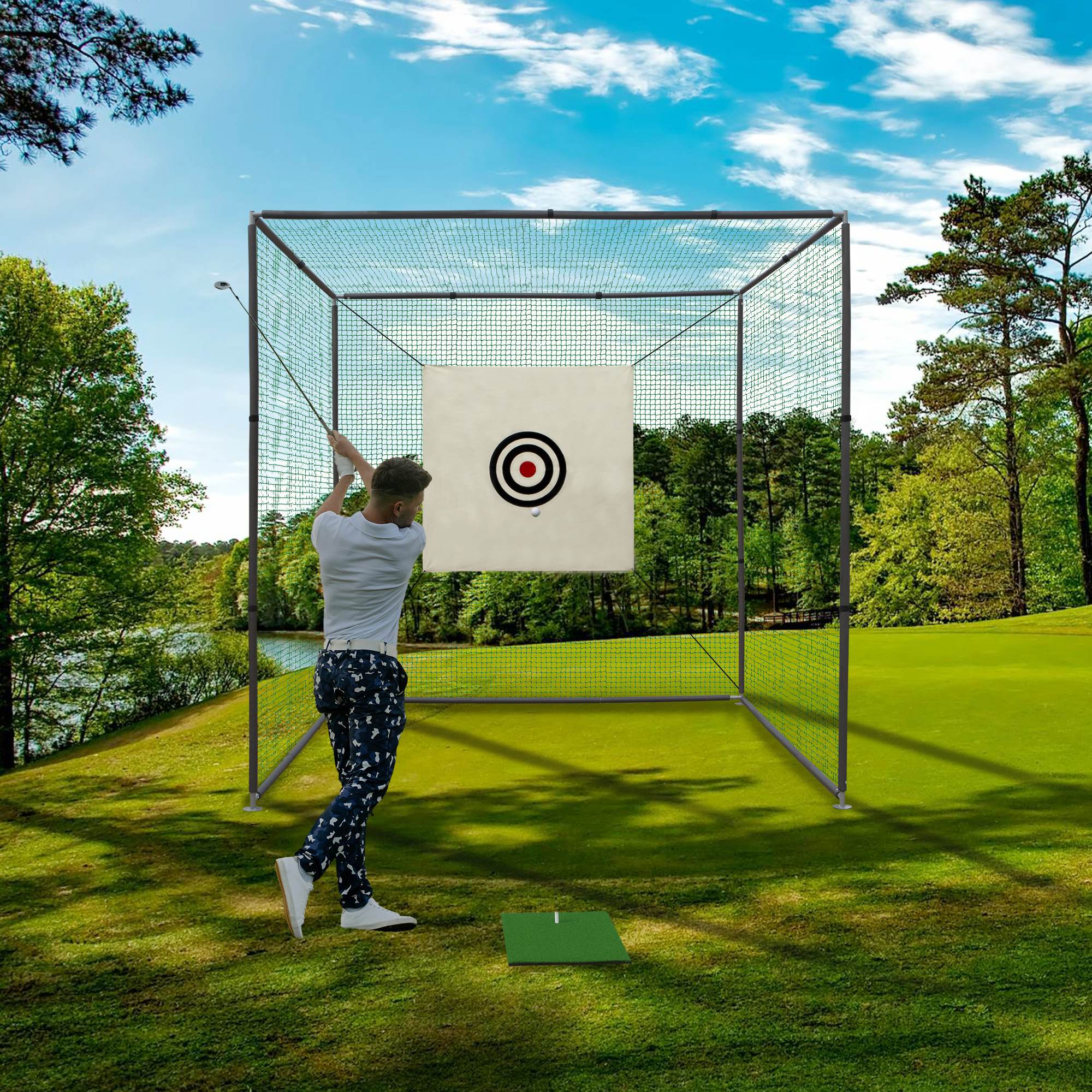 10X10X10FT Golf Practice Net Cage With Metal Frame Hitting Net Kit Indoor Outdoor view 2
