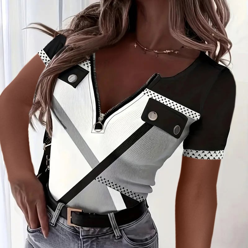 Women's Color Block Zipper T-Shirt, Casual Short Sleeve Summer Top view 21