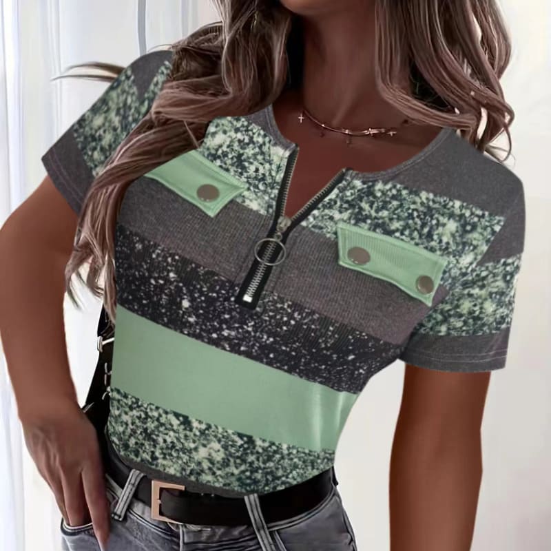 Women's Color Block Zipper T-Shirt, Casual Short Sleeve Summer Top view 13