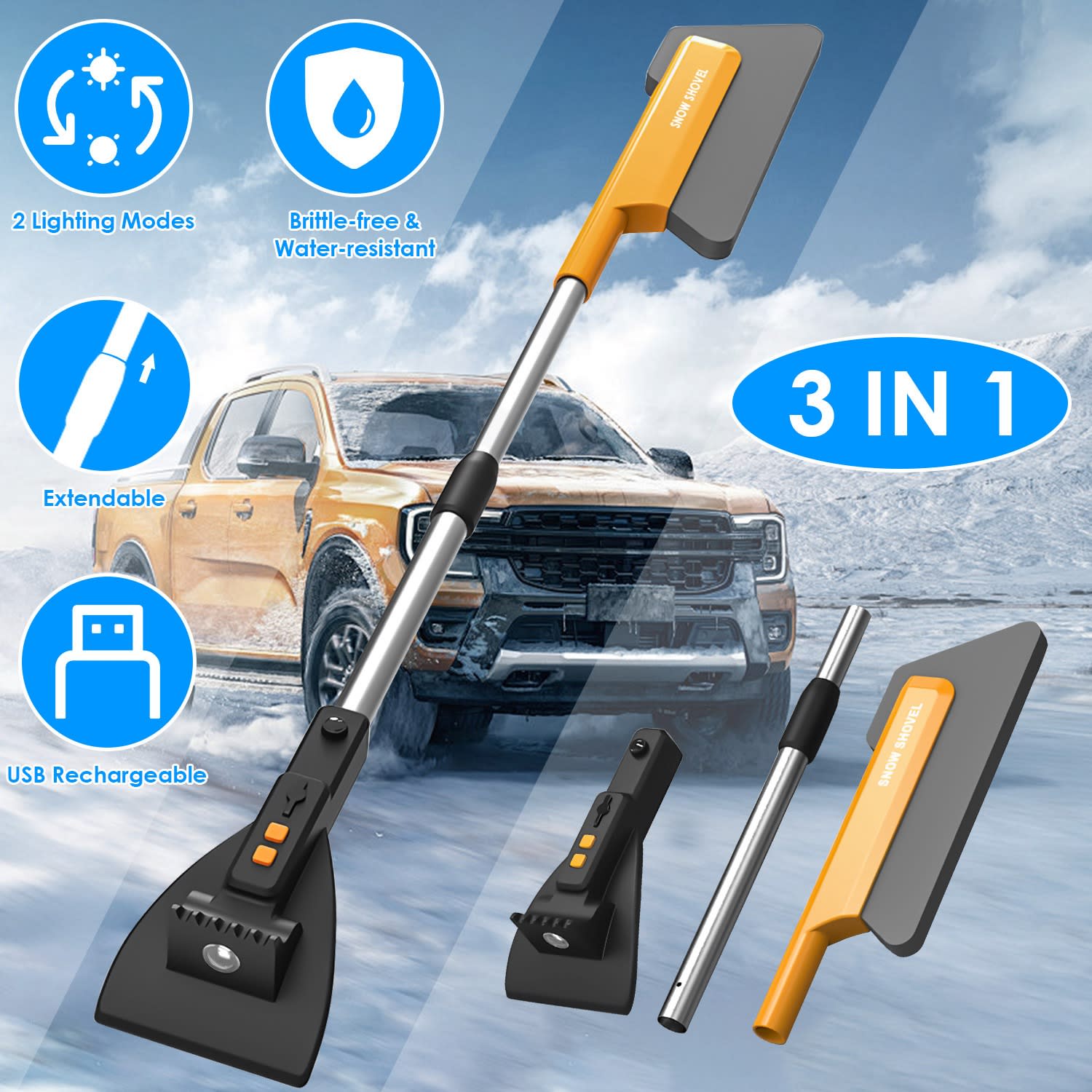 1Pc 3 In 1 Car Snow Removal Shovel With Lights Car Snow Removal Tool Telescopic Windshield Ice Scraper Snow Brush Shovel view 4