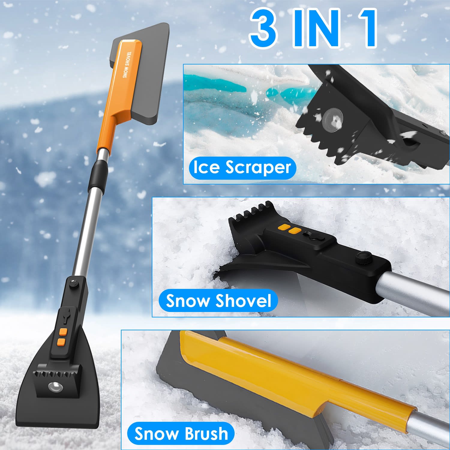 1Pc 3 In 1 Car Snow Removal Shovel With Lights Car Snow Removal Tool Telescopic Windshield Ice Scraper Snow Brush Shovel view 7