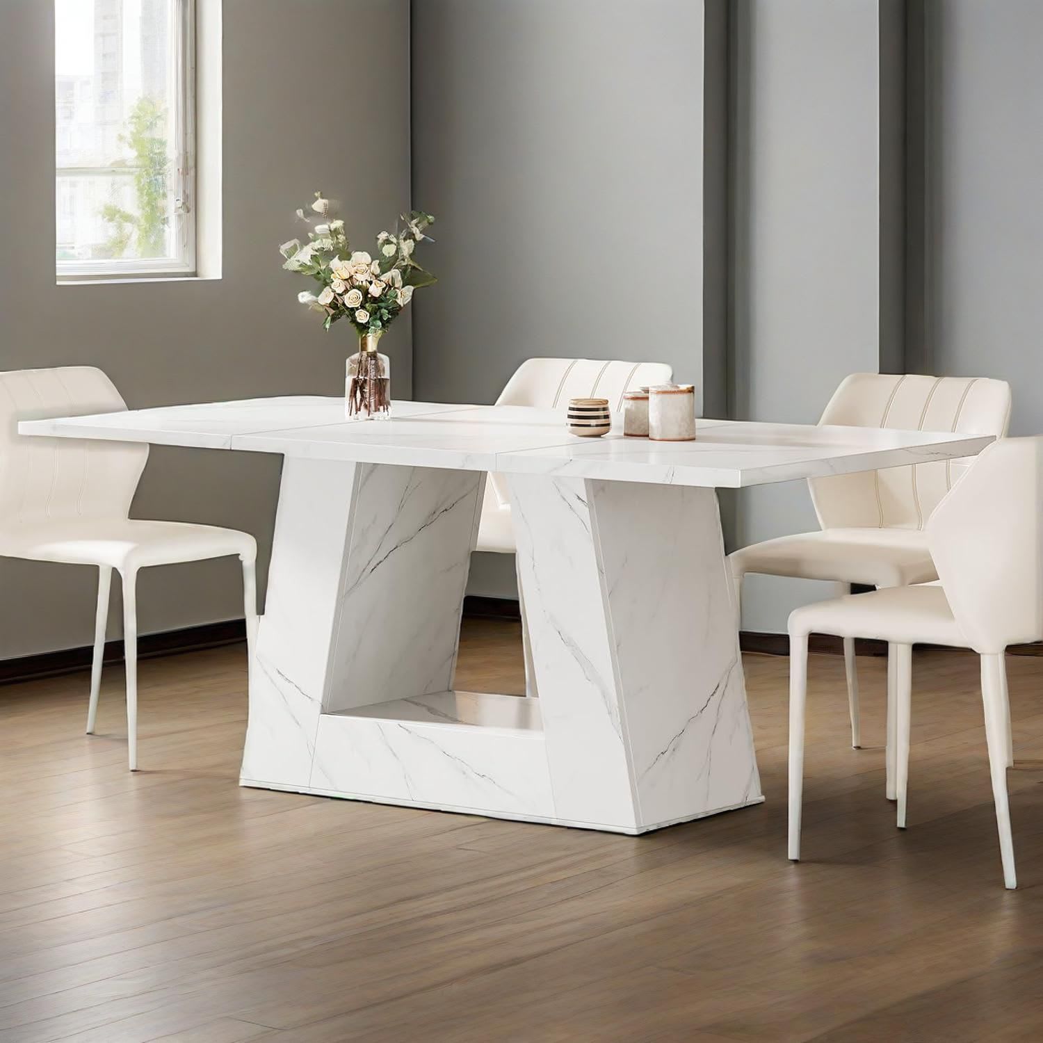 Dining Table For 4 To 6 People, 63" Rectangular Dining Room Table, Modern Wooden Faux Marble Dinner Table With Sturdy Base view 2