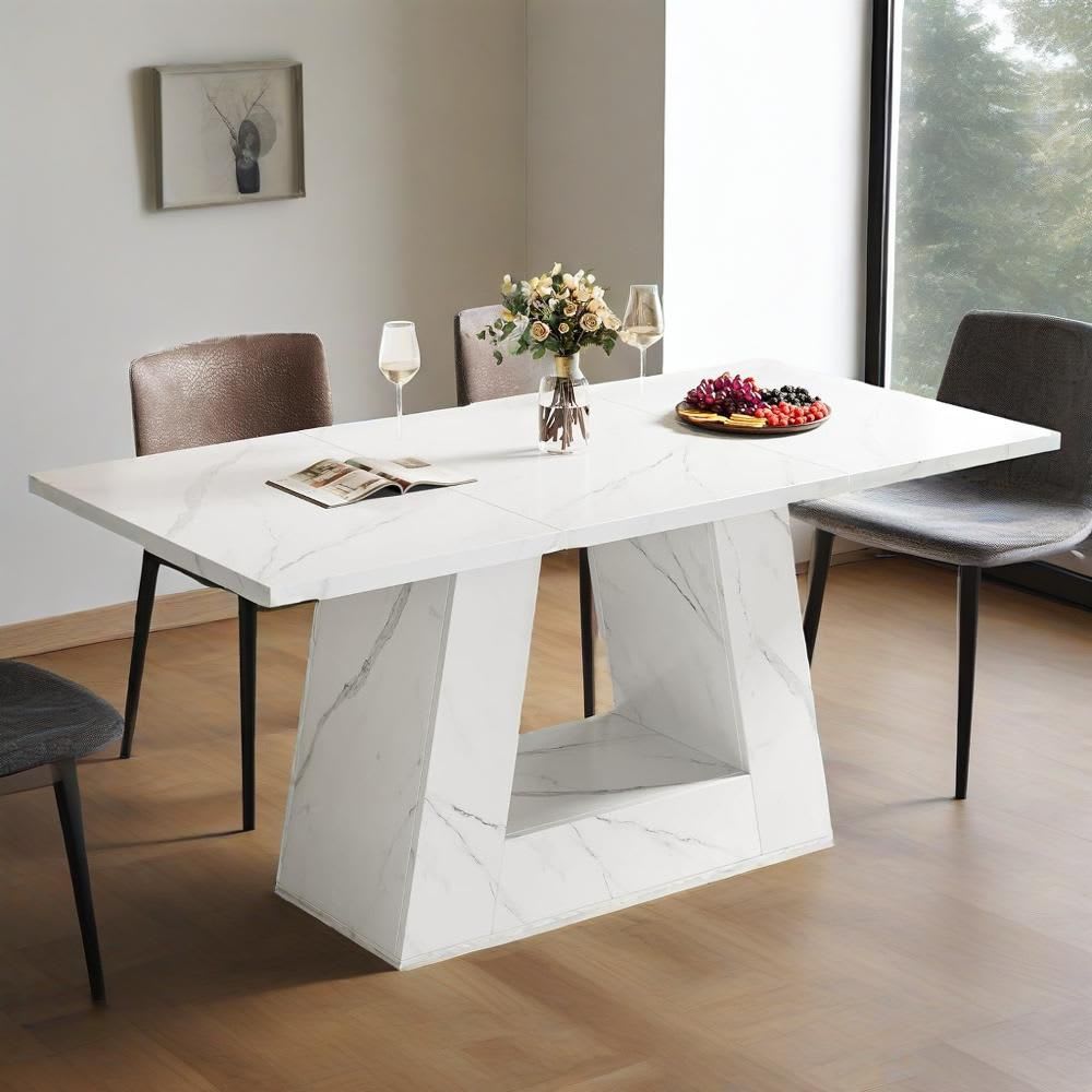 Dining Table For 4 To 6 People, 63" Rectangular Dining Room Table, Modern Wooden Faux Marble Dinner Table With Sturdy Base