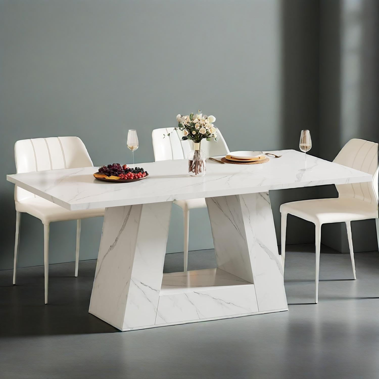 Dining Table For 4 To 6 People, 63" Rectangular Dining Room Table, Modern Wooden Faux Marble Dinner Table With Sturdy Base view 4