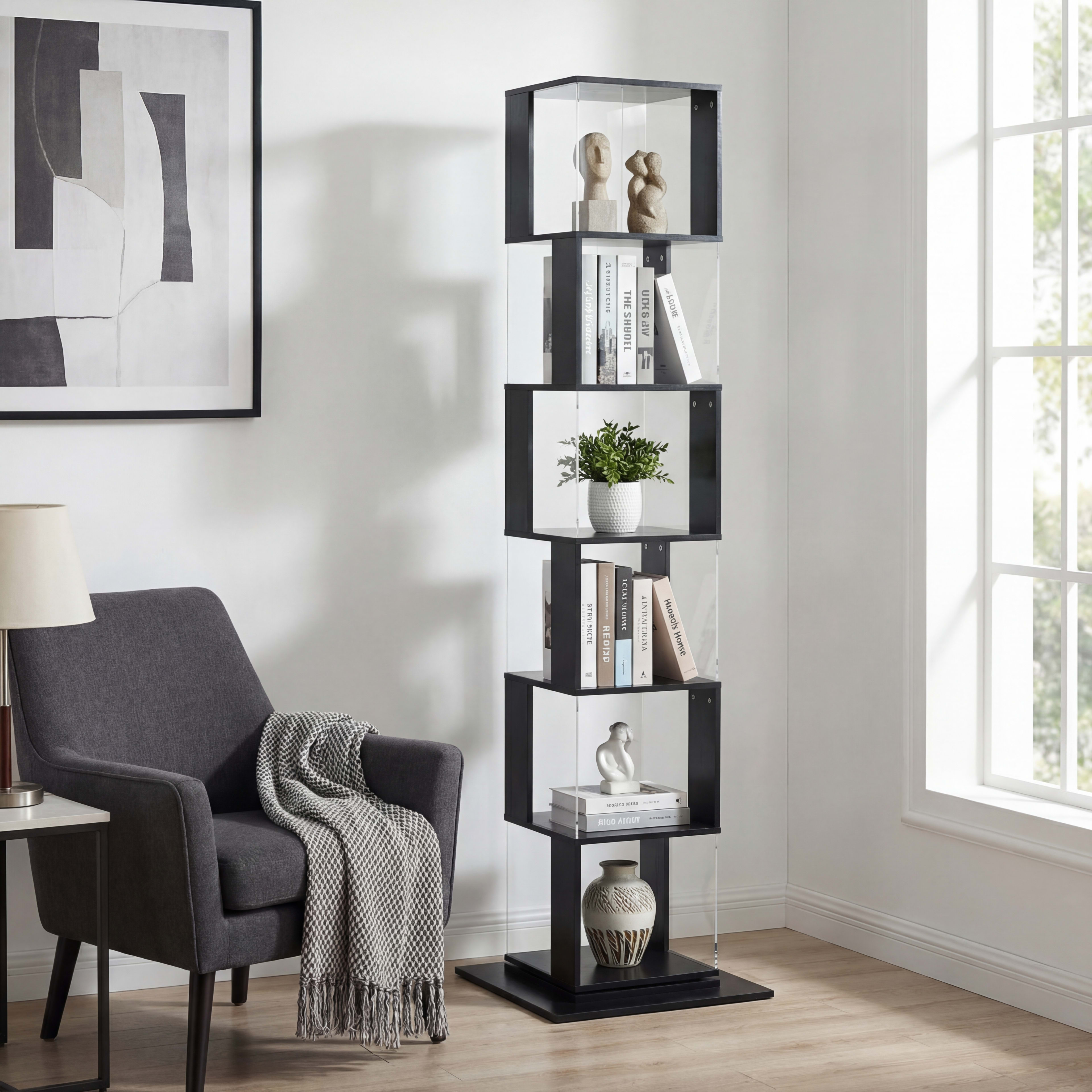 360 Rotating Bookshelf With Acrylic Plate, 6-Tier Tall, Floor Rack Simple Bookcase, Modern Display Shelf For Living Room Home Office Bedroom view 3