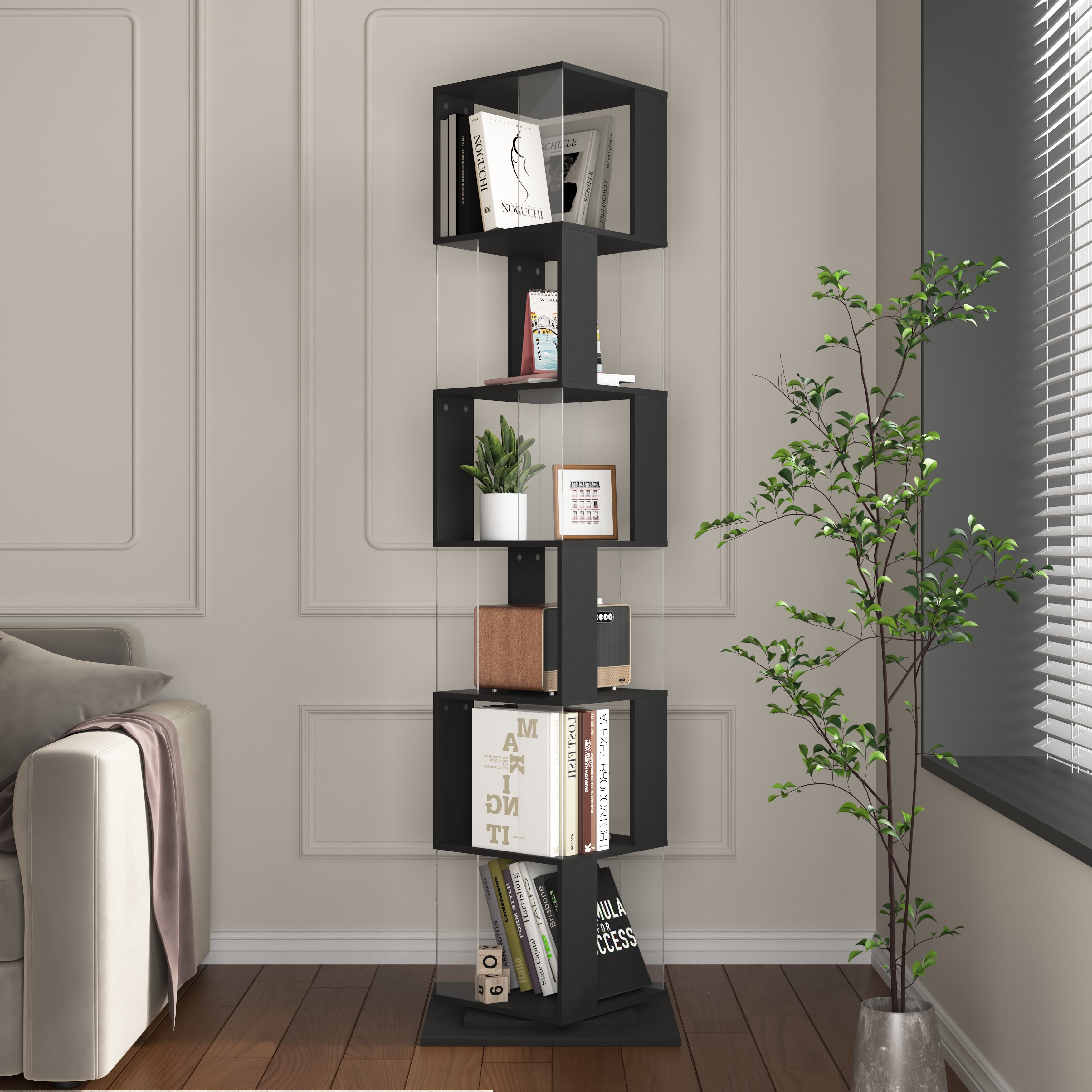 360 Rotating Bookshelf With Acrylic Plate, 6-Tier Tall, Floor Rack Simple Bookcase, Modern Display Shelf For Living Room Home Office Bedroom view 5