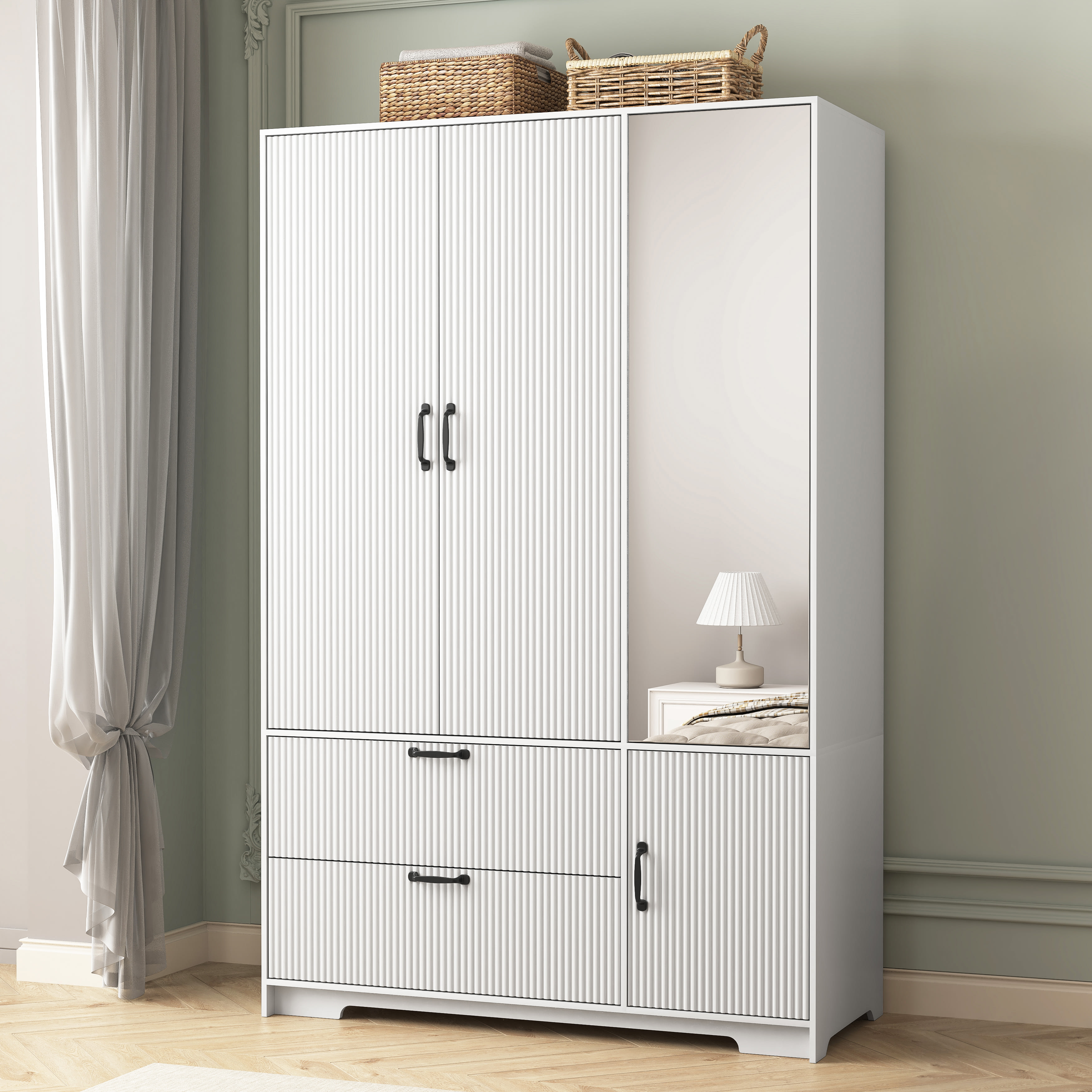 4 Doors Wardrobe Closet With Mirror, LED Wardrobe With Doors And 2 Drawers, Wooden Wardrobe Storage Cabinet With Hanging Rod, Adjustable Shelves, White view 4
