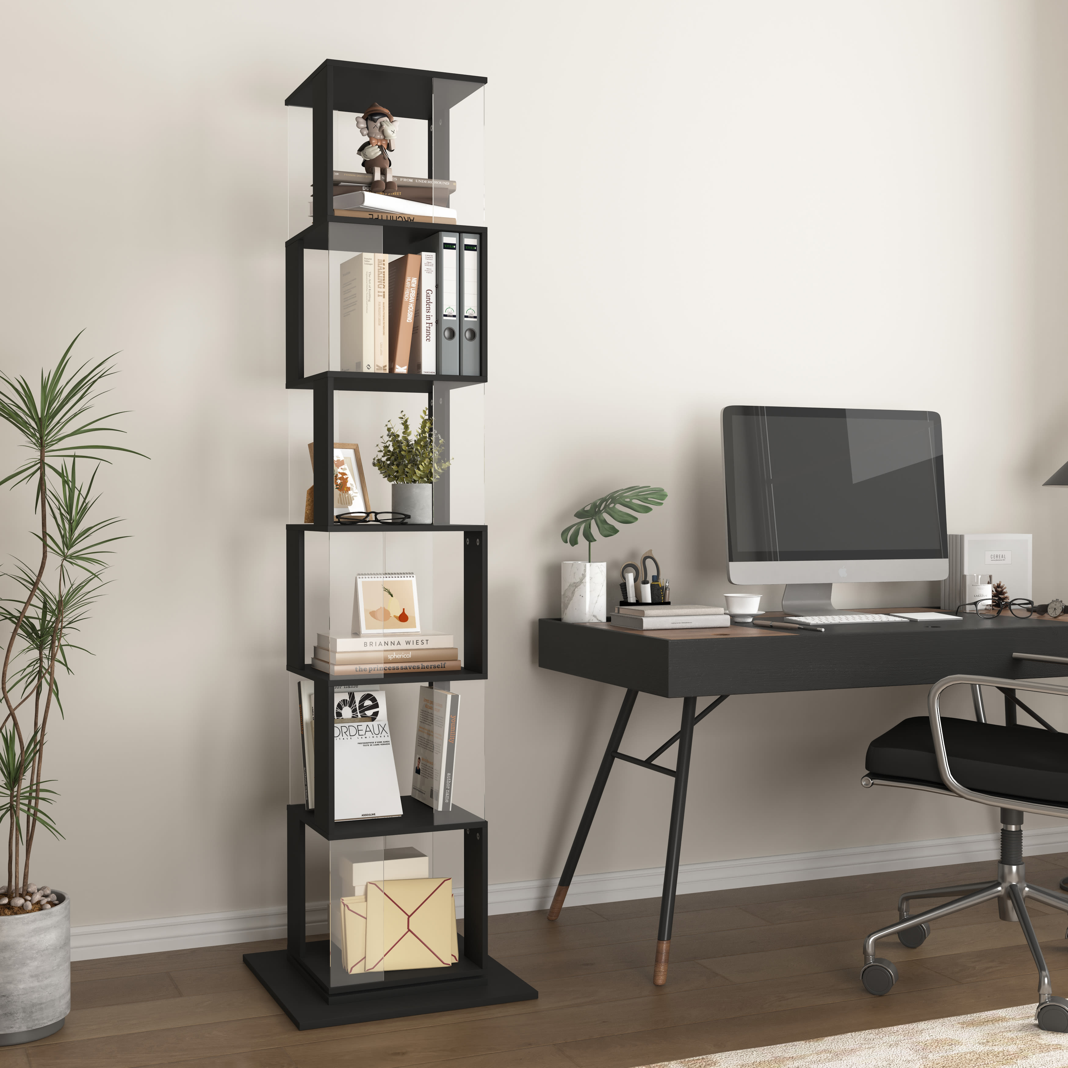 360 Rotating Bookshelf With Acrylic Plate, 6-Tier Tall, Floor Rack Simple Bookcase, Modern Display Shelf For Living Room Home Office Bedroom view 4