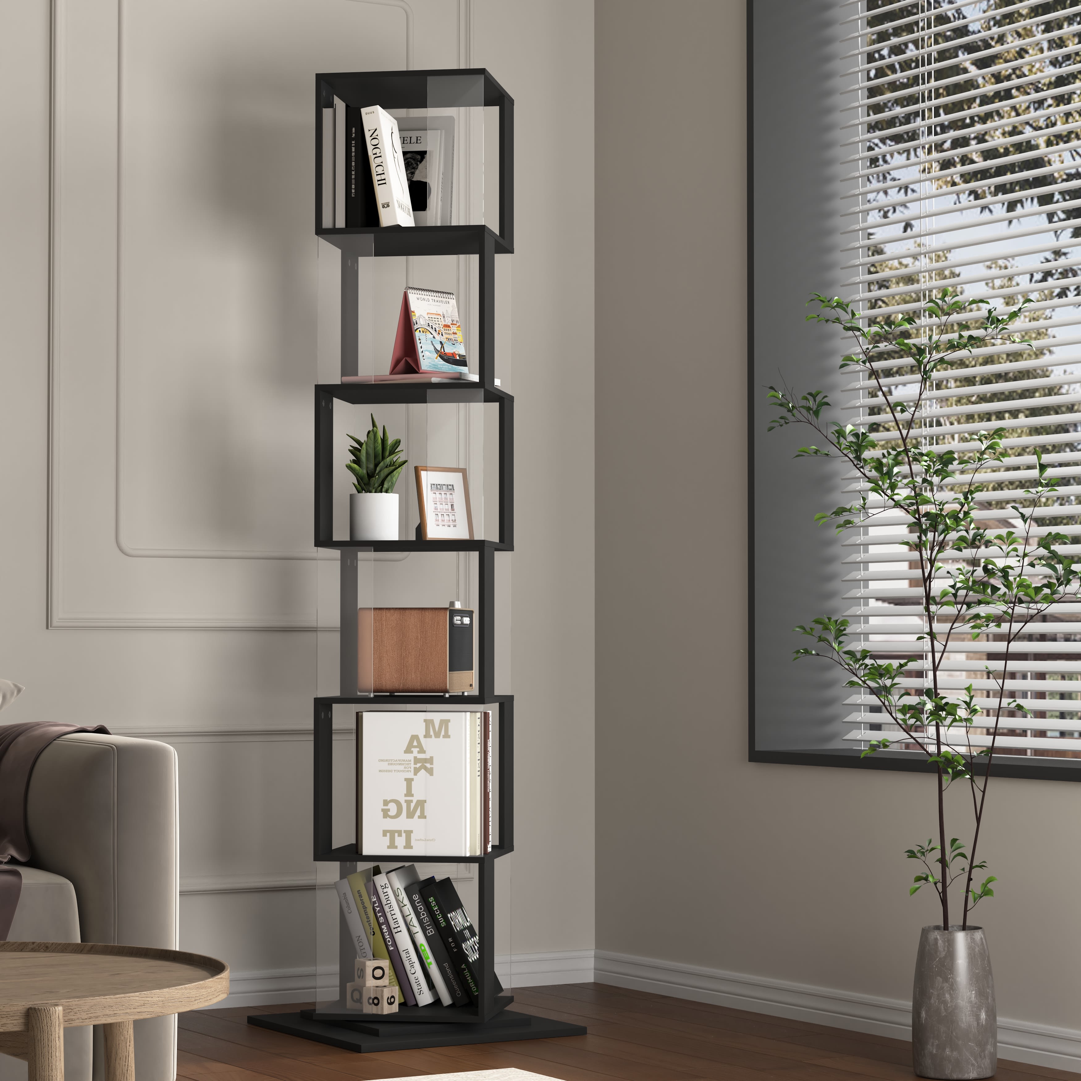 360 Rotating Bookshelf With Acrylic Plate, 6-Tier Tall, Floor Rack Simple Bookcase, Modern Display Shelf For Living Room Home Office Bedroom view 1