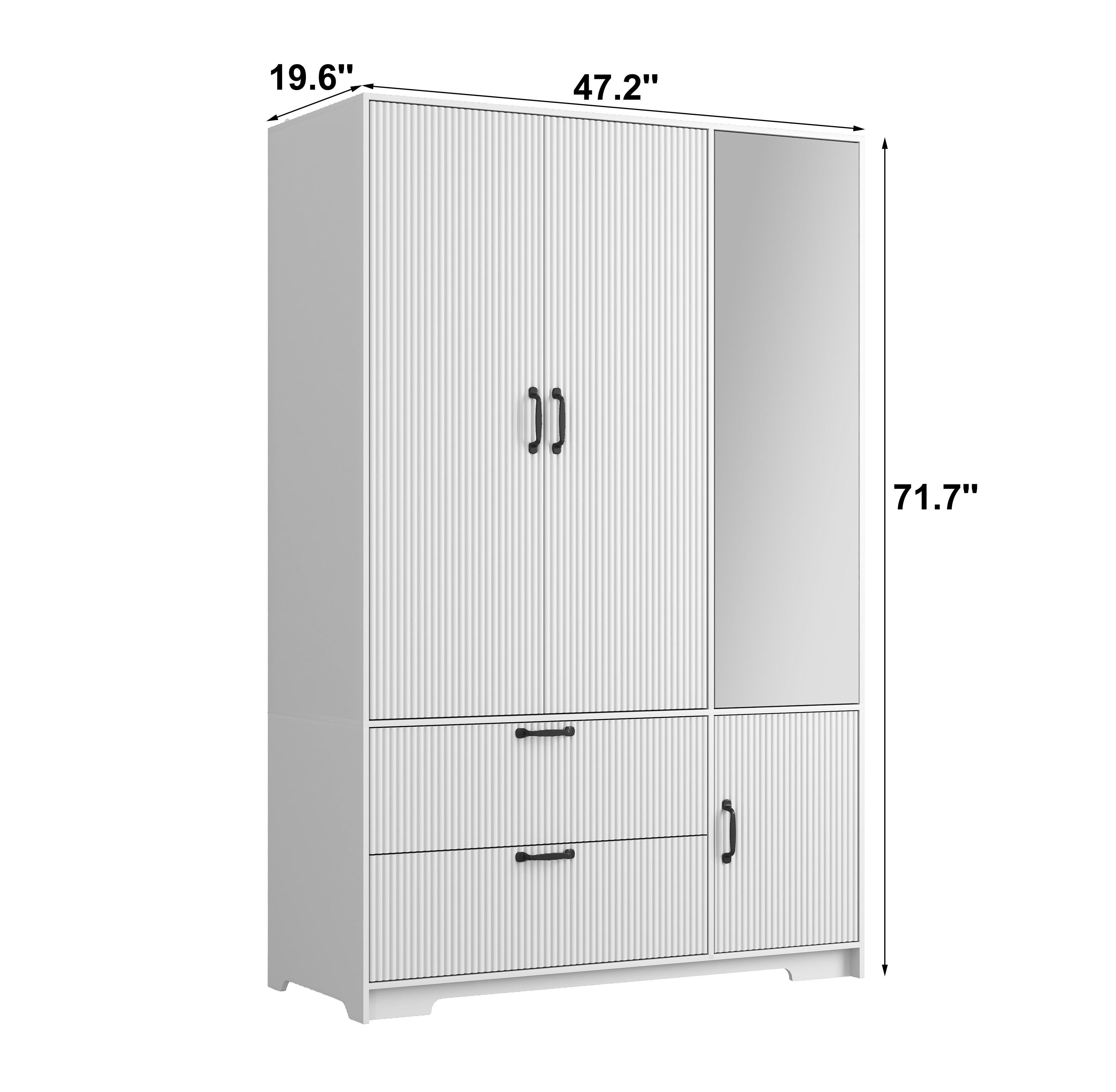 4 Doors Wardrobe Closet With Mirror, LED Wardrobe With Doors And 2 Drawers, Wooden Wardrobe Storage Cabinet With Hanging Rod, Adjustable Shelves, White view 1