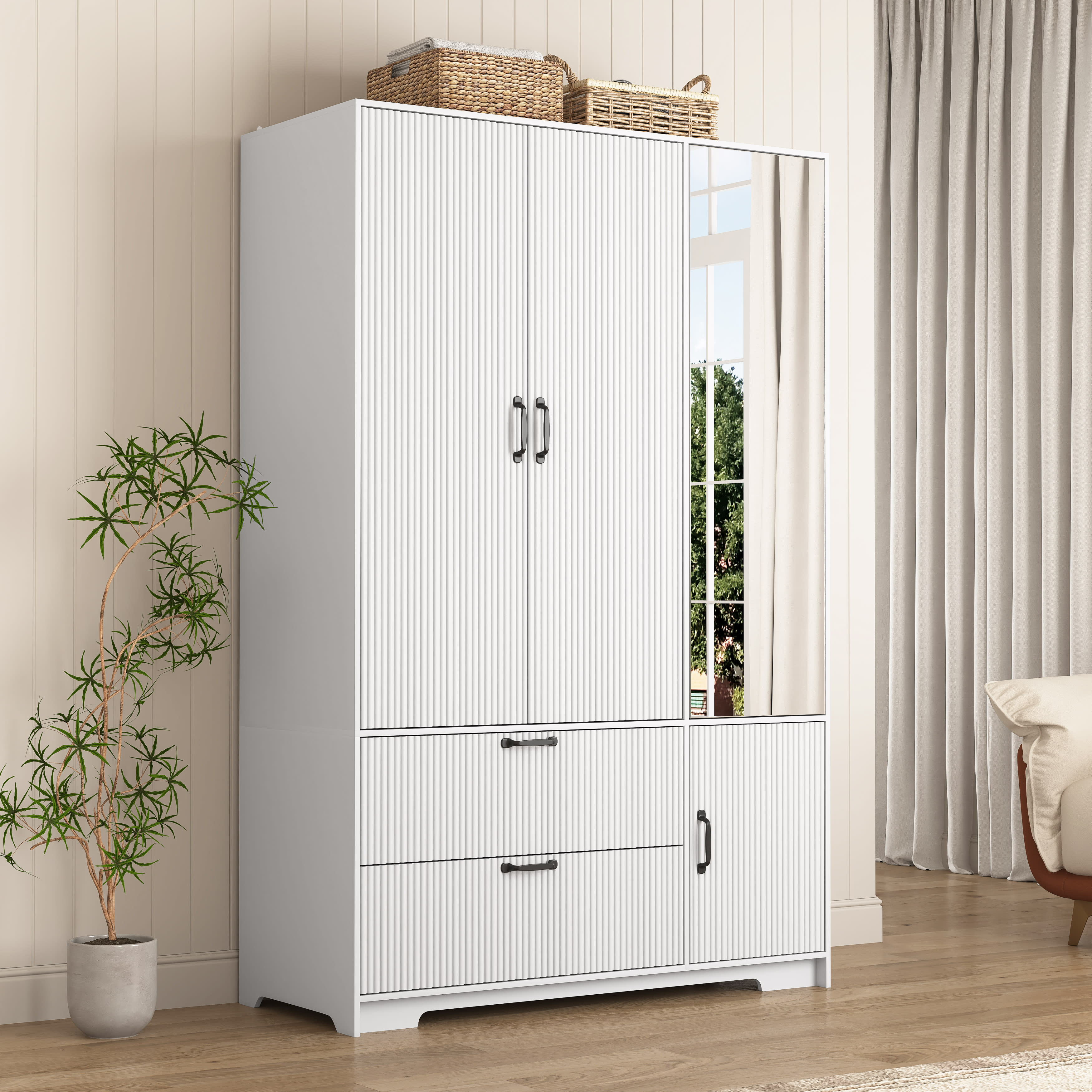 4 Doors Wardrobe Closet With Mirror, LED Wardrobe With Doors And 2 Drawers, Wooden Wardrobe Storage Cabinet With Hanging Rod, Adjustable Shelves, White view 5