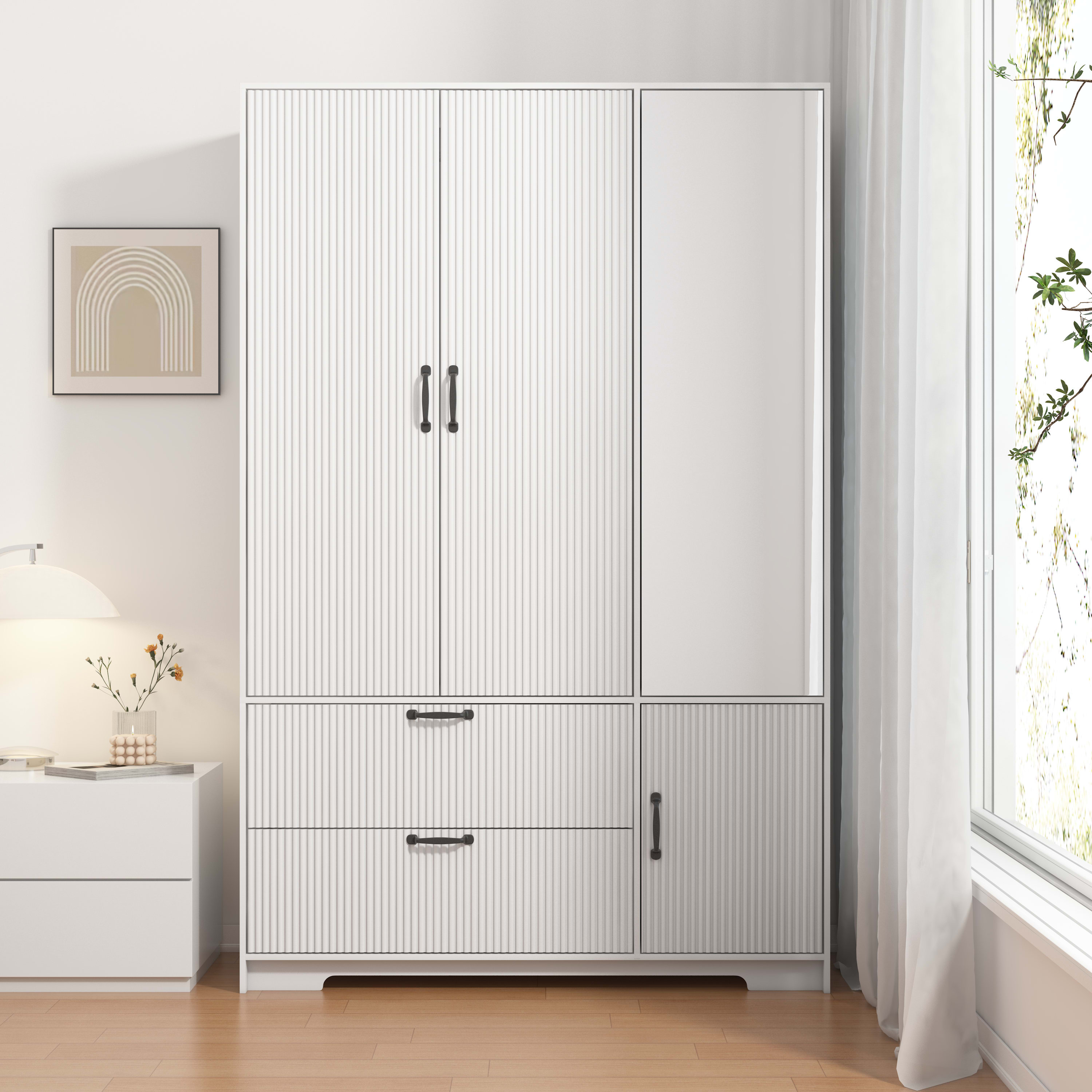 4 Doors Wardrobe Closet With Mirror, LED Wardrobe With Doors And 2 Drawers, Wooden Wardrobe Storage Cabinet With Hanging Rod, Adjustable Shelves, White view 2
