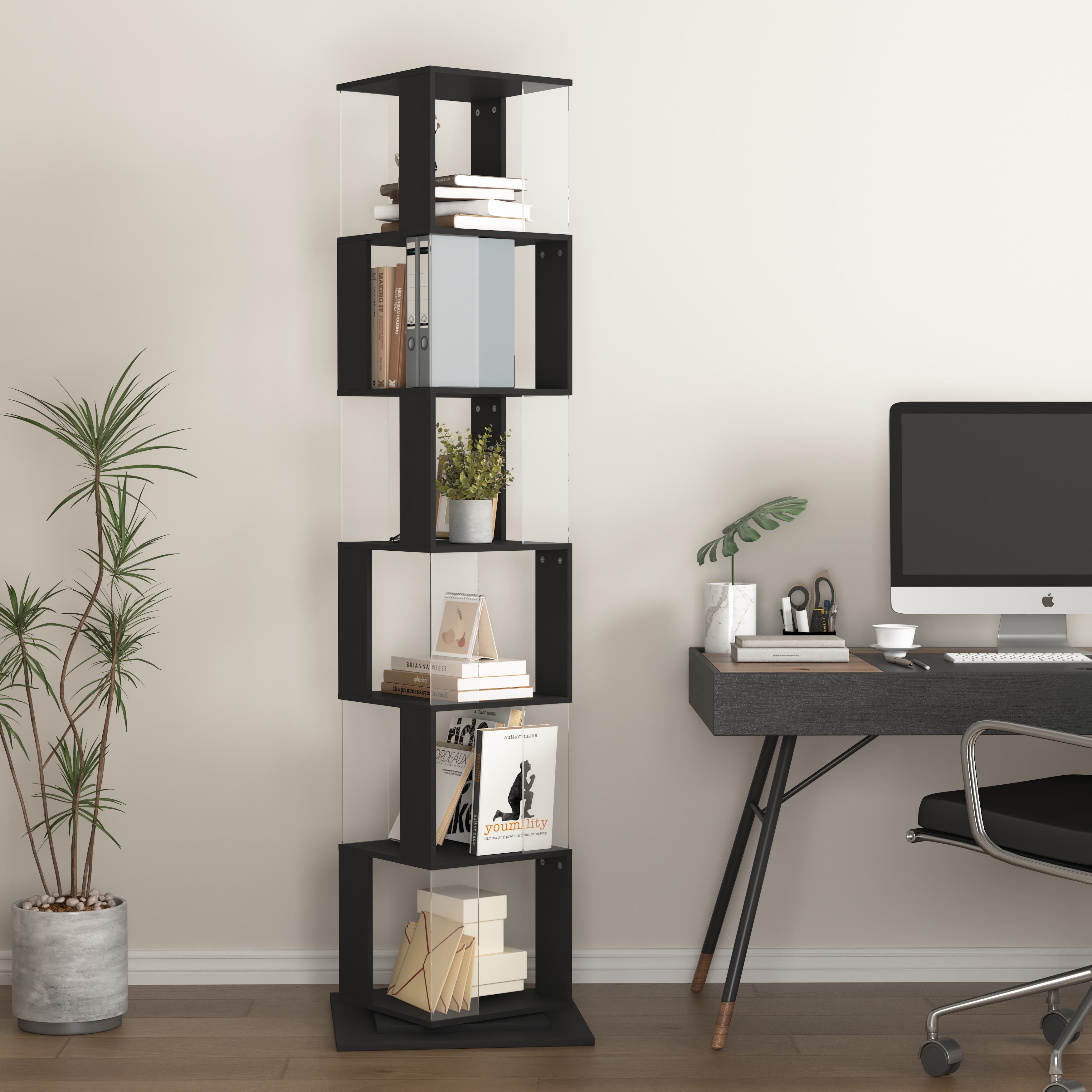 360 Rotating Bookshelf With Acrylic Plate, 6-Tier Tall, Floor Rack Simple Bookcase, Modern Display Shelf For Living Room Home Office Bedroom view 2