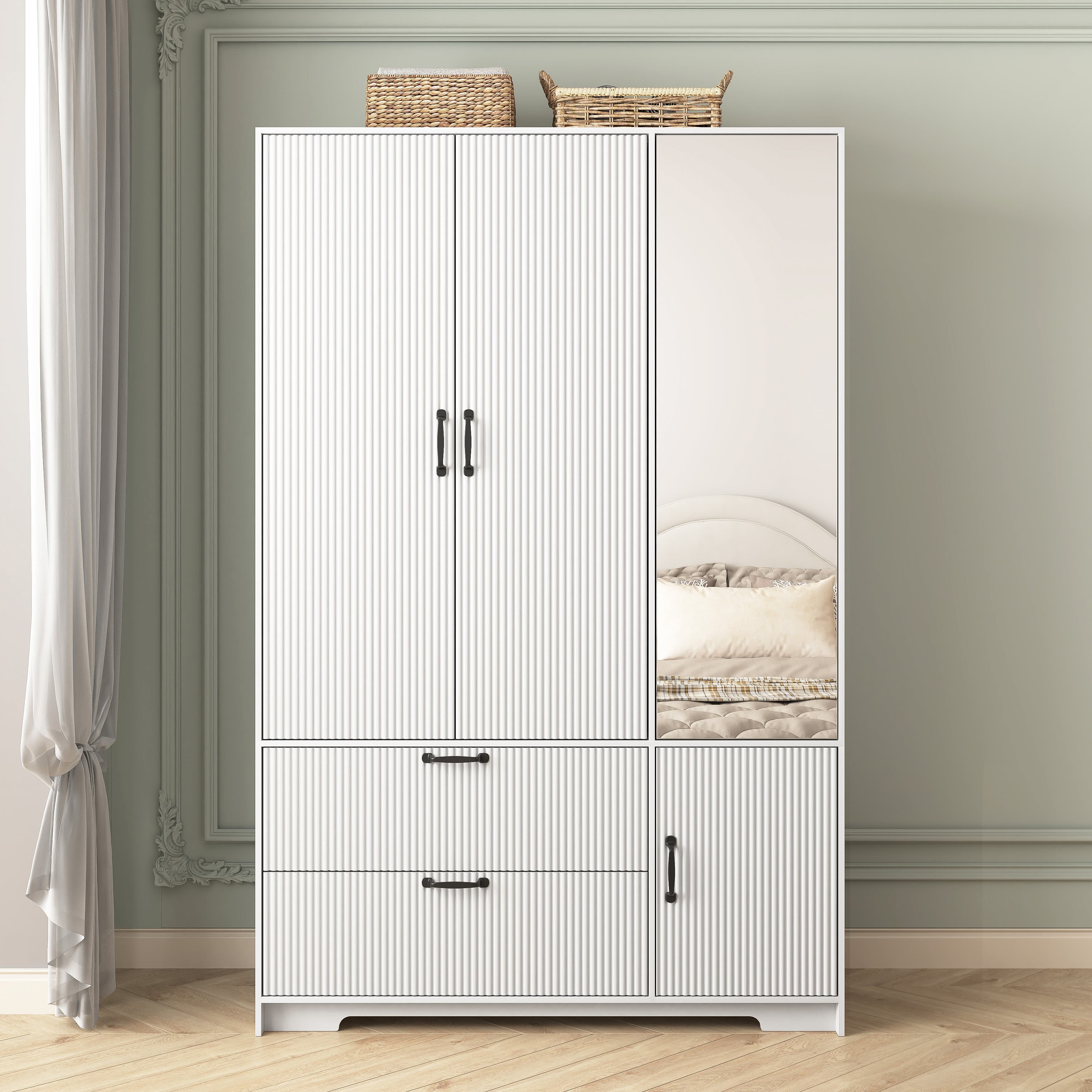 4 Doors Wardrobe Closet With Mirror, LED Wardrobe With Doors And 2 Drawers, Wooden Wardrobe Storage Cabinet With Hanging Rod, Adjustable Shelves, White view 3