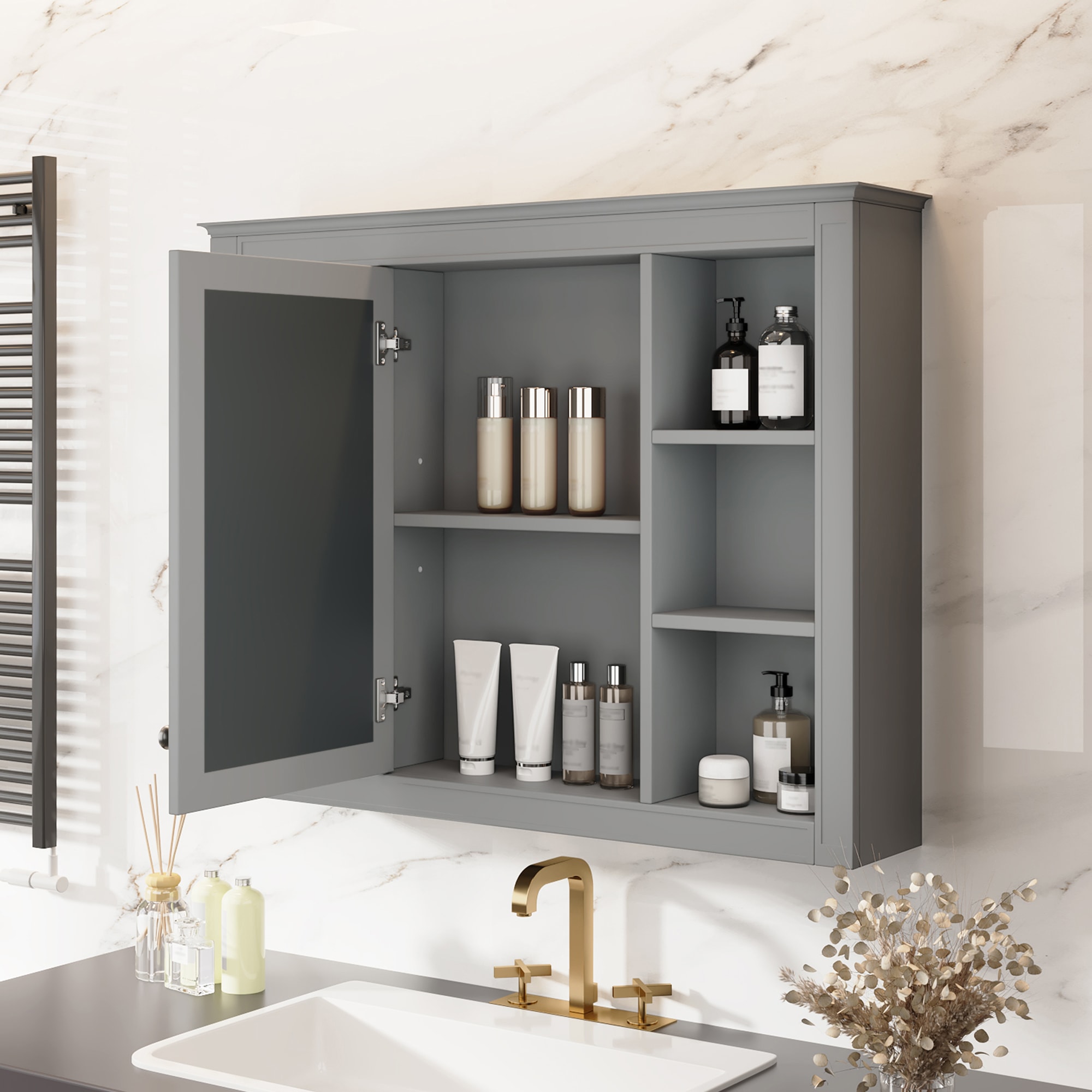 35 X 27.5 Medicine Cabinet, Wall Mounted Bathroom Storage Cabinet, Modern Bathroom Wall Cabinet With Mirror, Mirror Cabinet With 6 Open Shelves Not Include Bathroom Vanity view 2