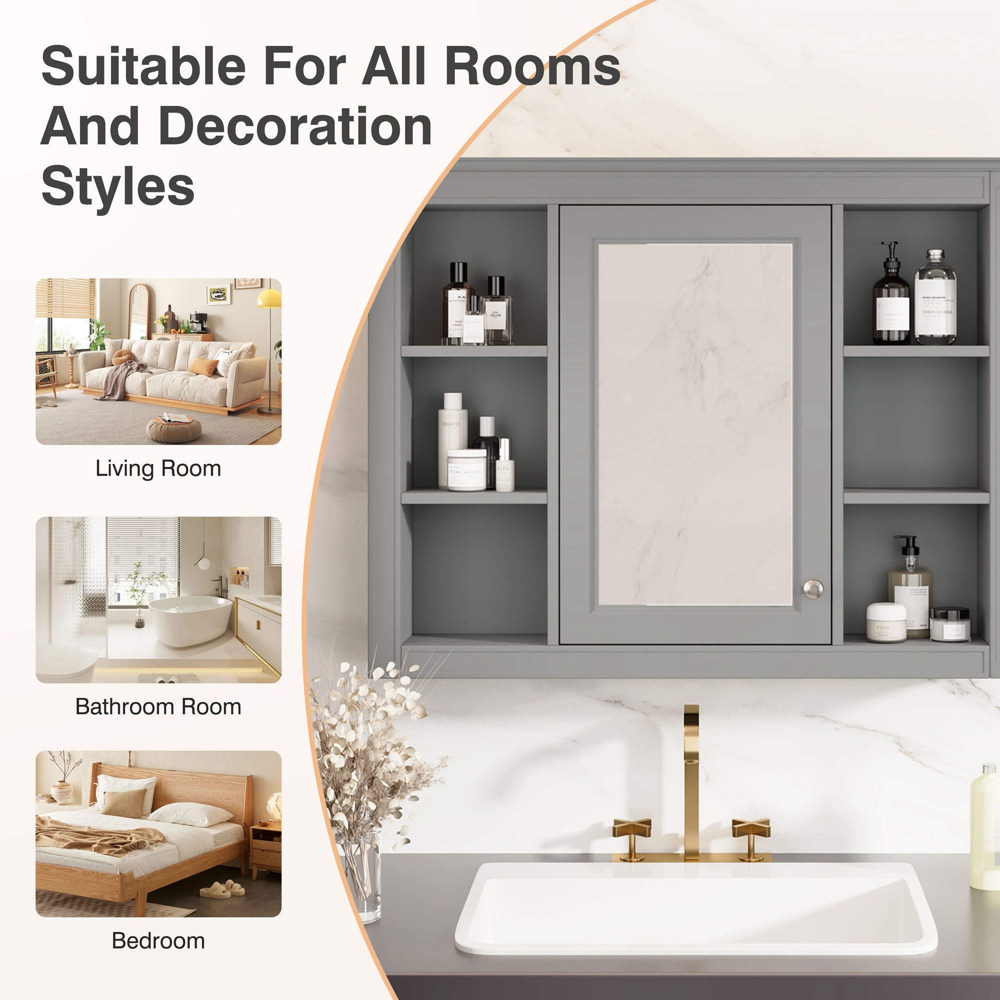 35 X 27.5 Medicine Cabinet, Wall Mounted Bathroom Storage Cabinet, Modern Bathroom Wall Cabinet With Mirror, Mirror Cabinet With 6 Open Shelves Not Include Bathroom Vanity view 4