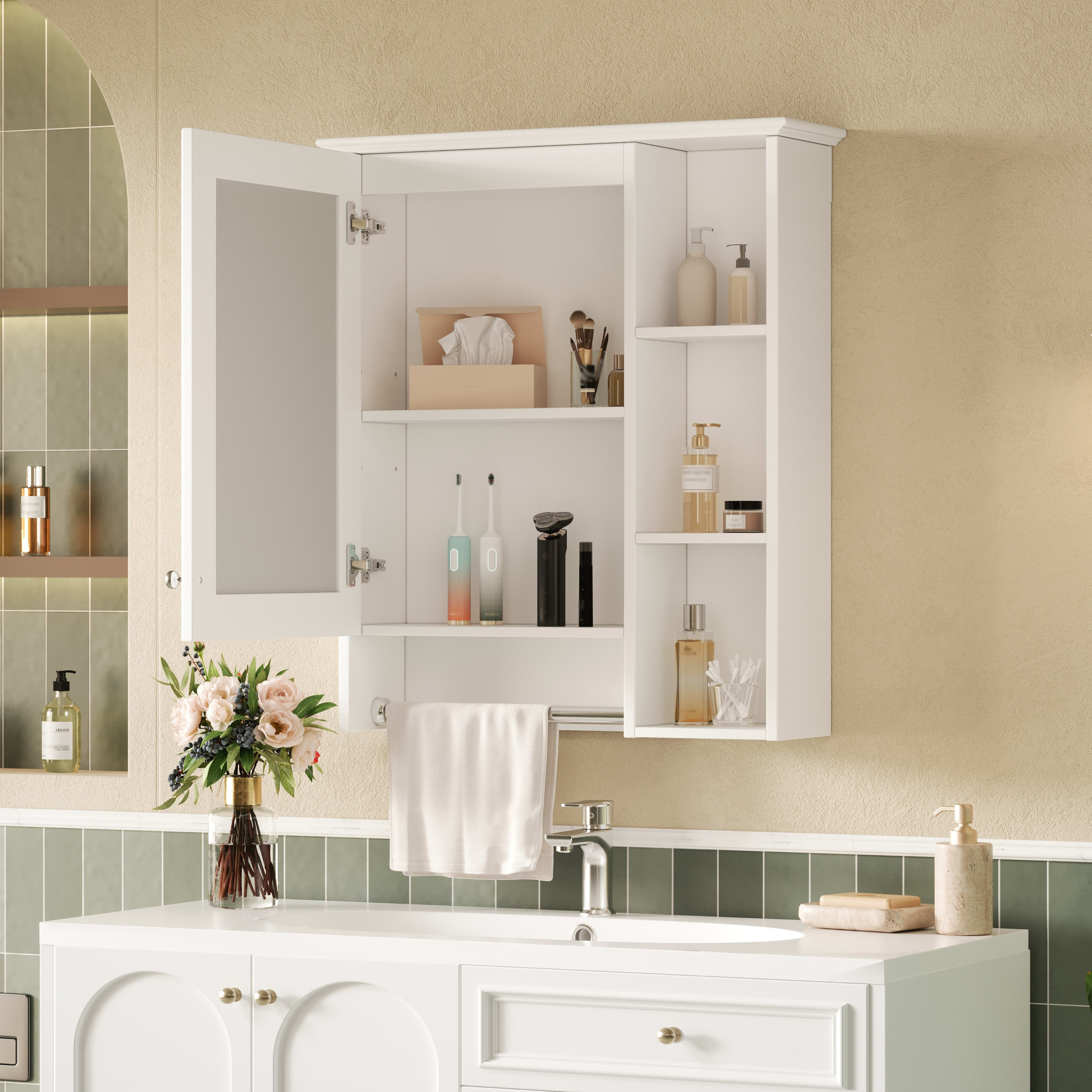 3-in-1 Bathroom Mirror Cabinet, 24-inch Wall Mounted Medicine Cabinet With Adjustable Shelf & Tower Bar, High-Definition Mirror With Storage For Bathroom Vanity view 4