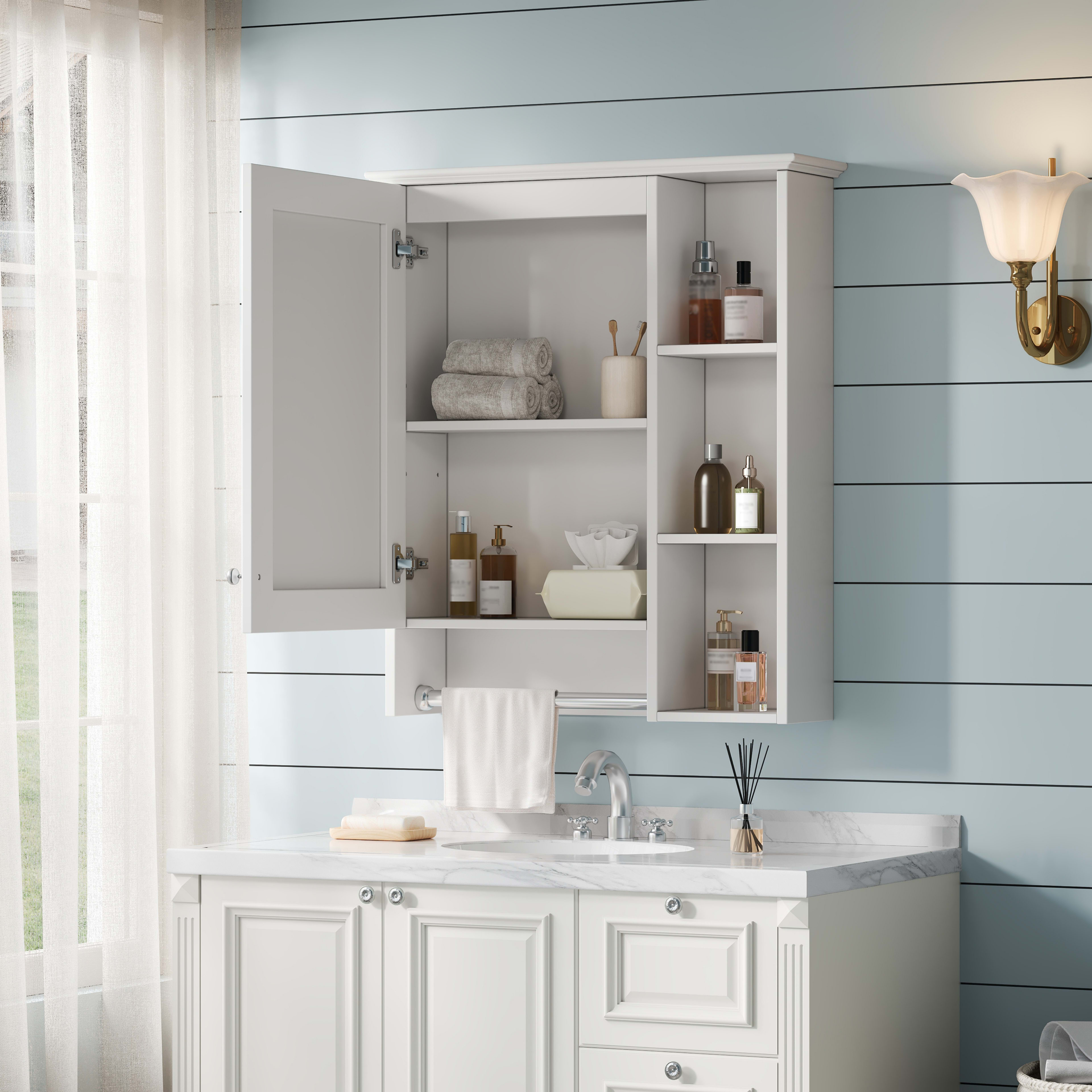 3-in-1 Bathroom Mirror Cabinet, 24-inch Wall Mounted Medicine Cabinet With Adjustable Shelf & Tower Bar, High-Definition Mirror With Storage For Bathroom Vanity view 2