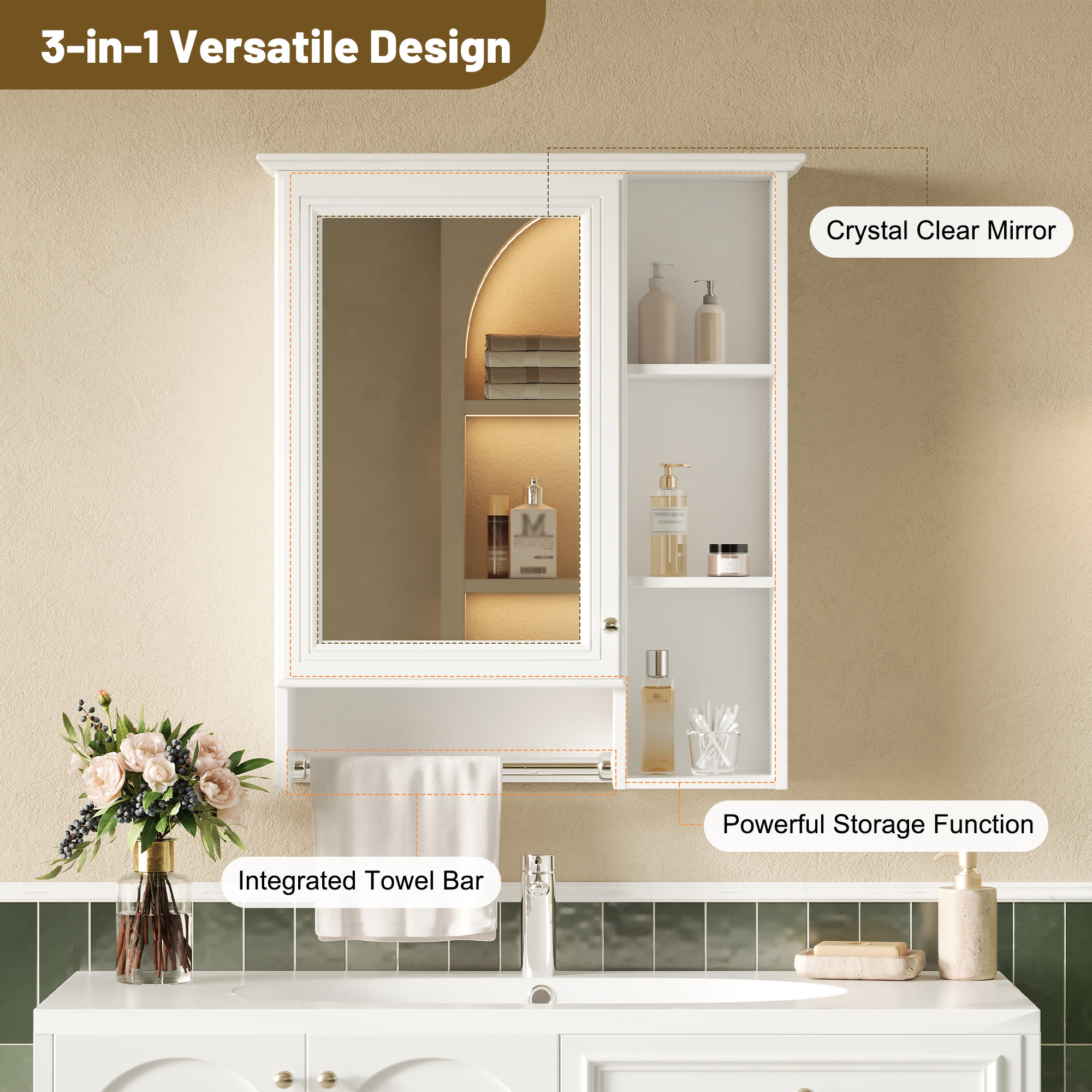 3-in-1 Bathroom Mirror Cabinet, 24-inch Wall Mounted Medicine Cabinet With Adjustable Shelf & Tower Bar, High-Definition Mirror With Storage For Bathroom Vanity view 3