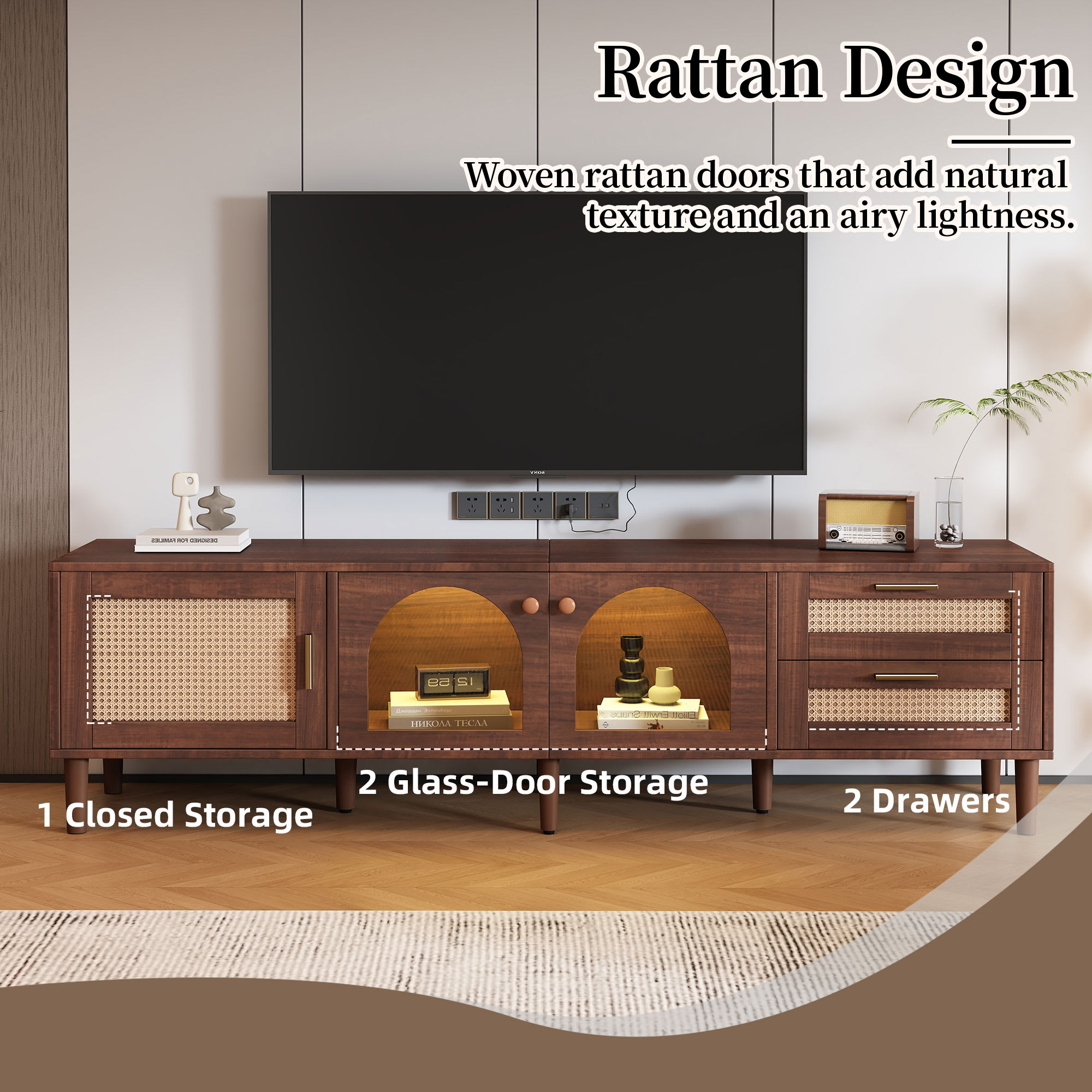 70 Inch TV Stand For TVs Up To 80, Entertainment Center With App Controlled LED Lights, 2 Drawers & Glass Door Storage, Modern Media Console For Living Room view 2