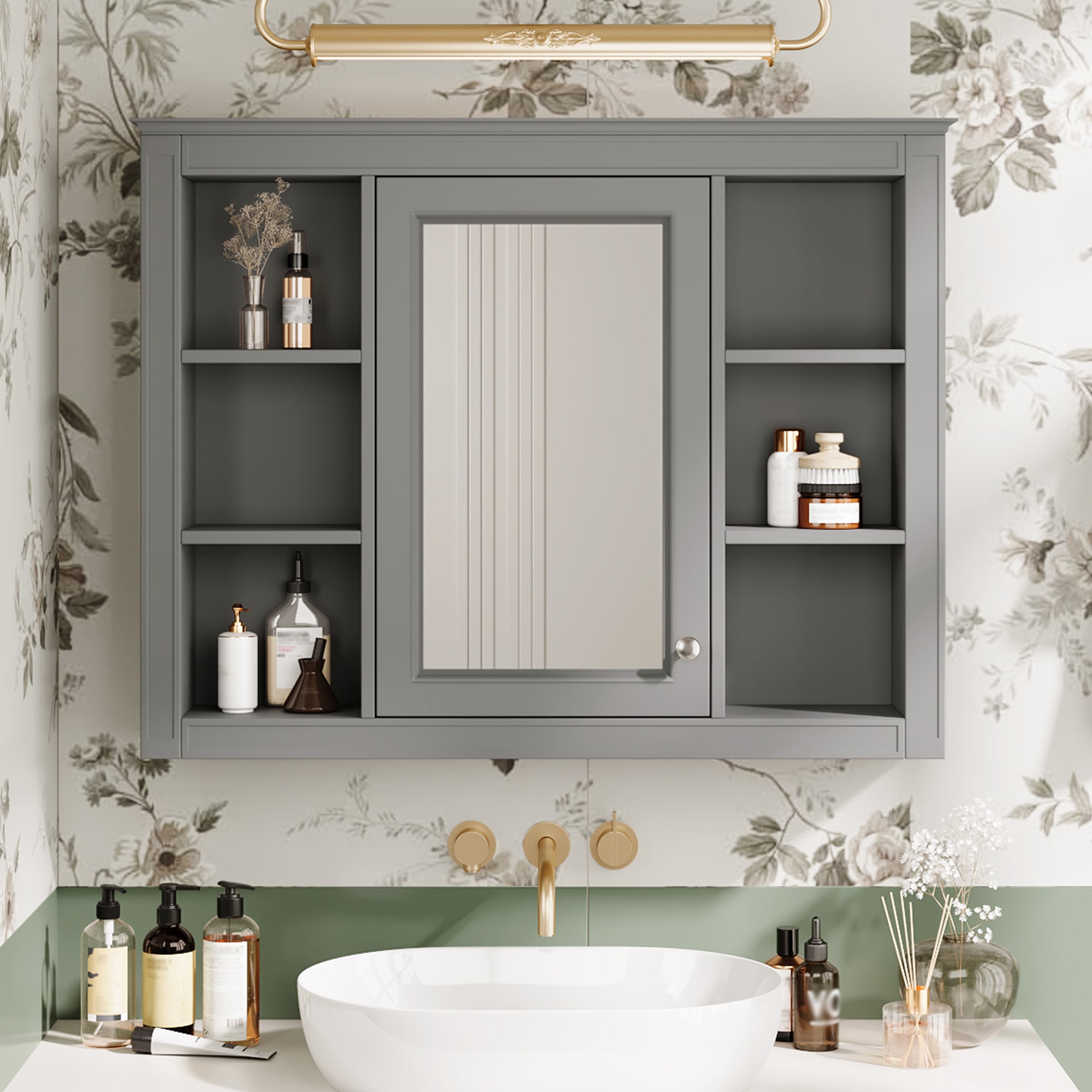 35 X 27.5 Medicine Cabinet, Wall Mounted Bathroom Storage Cabinet, Modern Bathroom Wall Cabinet With Mirror, Mirror Cabinet With 6 Open Shelves Not Include Bathroom Vanity view 5