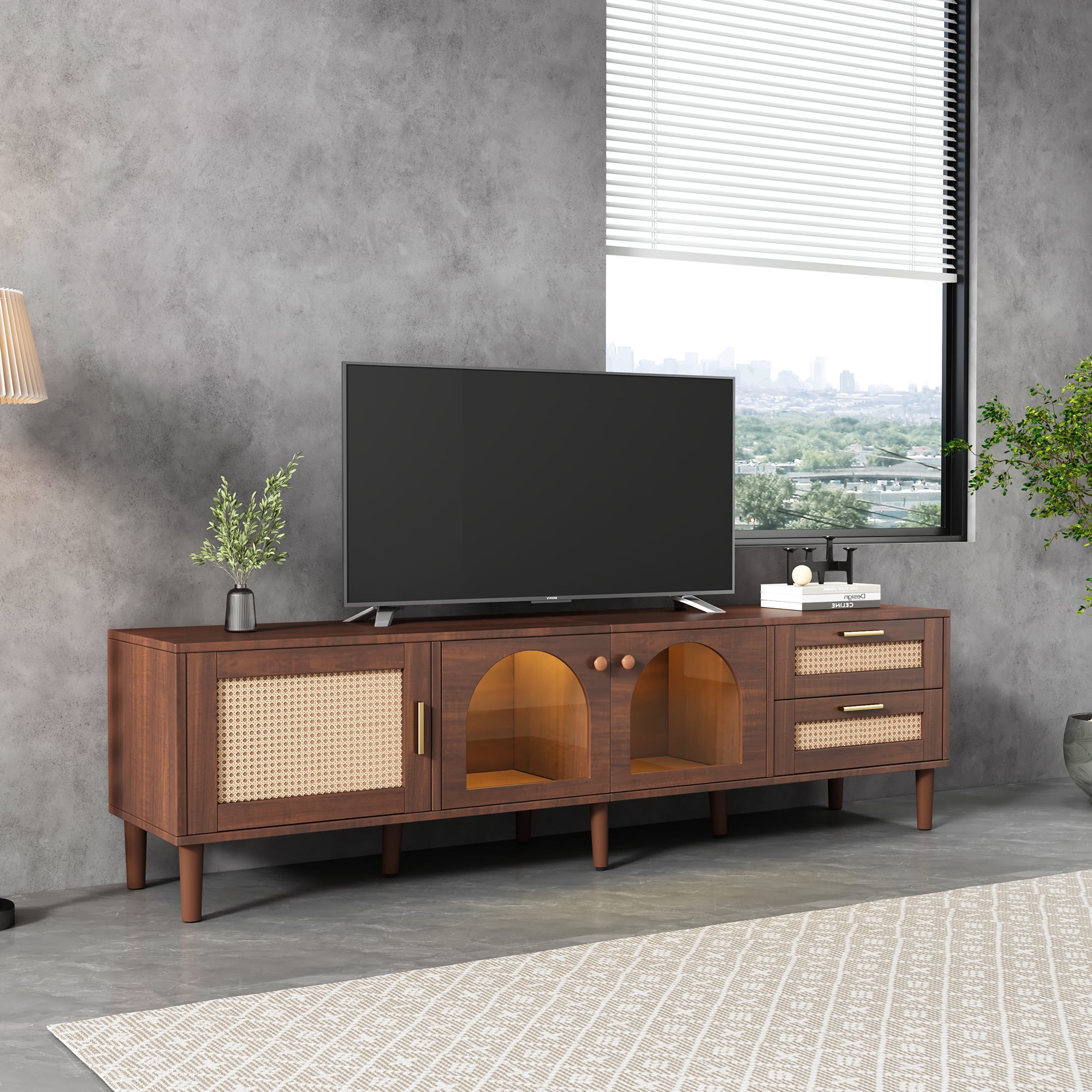 70 Inch TV Stand For TVs Up To 80, Entertainment Center With App Controlled LED Lights, 2 Drawers & Glass Door Storage, Modern Media Console For Living Room view 5