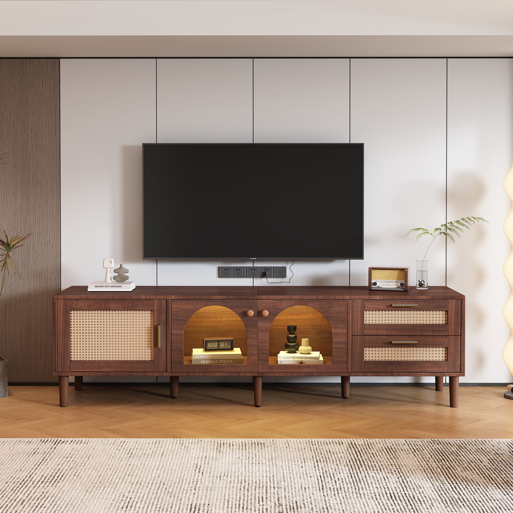 70 Inch TV Stand For TVs Up To 80, Entertainment Center With App Controlled LED Lights, 2 Drawers & Glass Door Storage, Modern Media Console For Living Room view 3