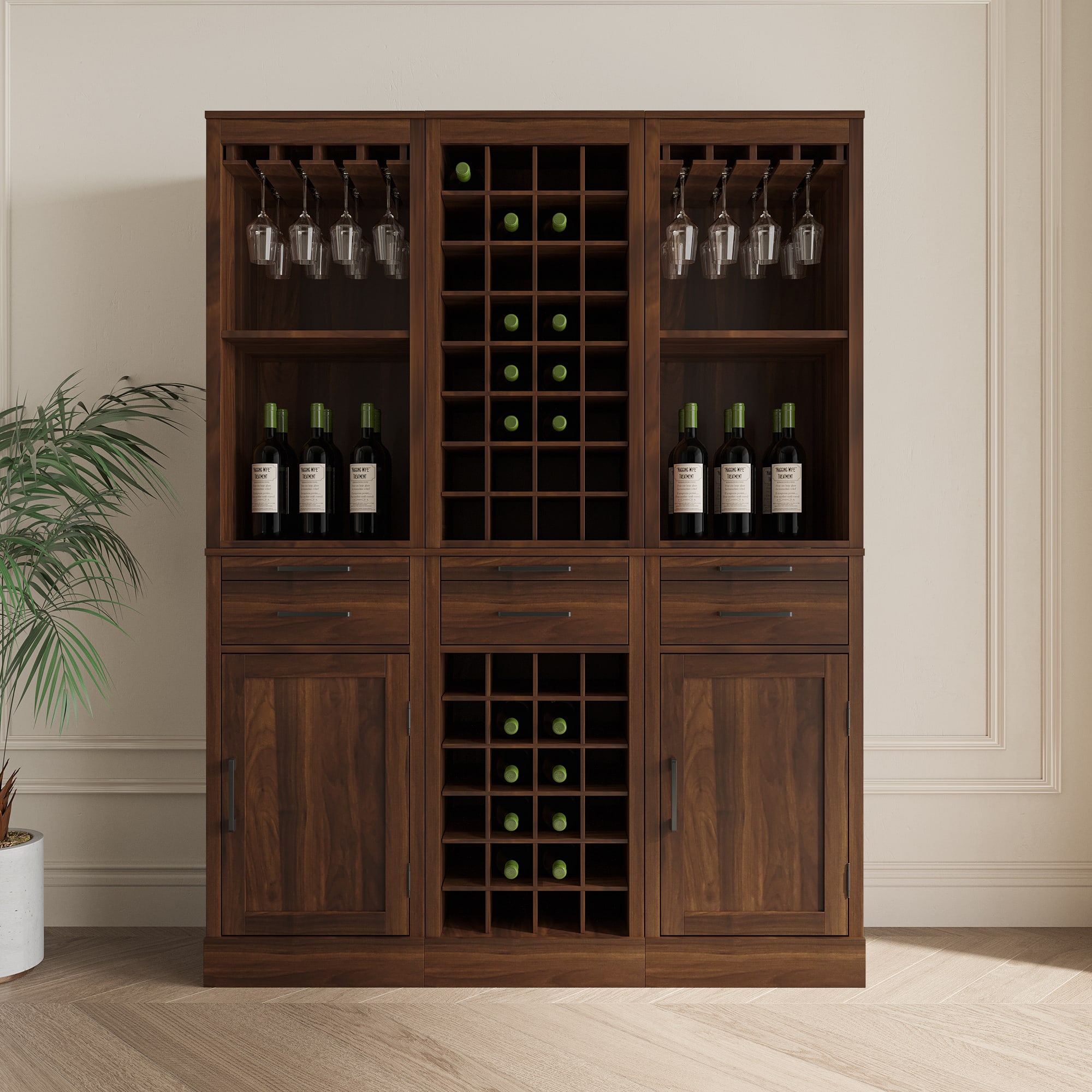 Brown Walnut Color Modular 24 Wine Bar Cabinet Buffet Cabinet view 4